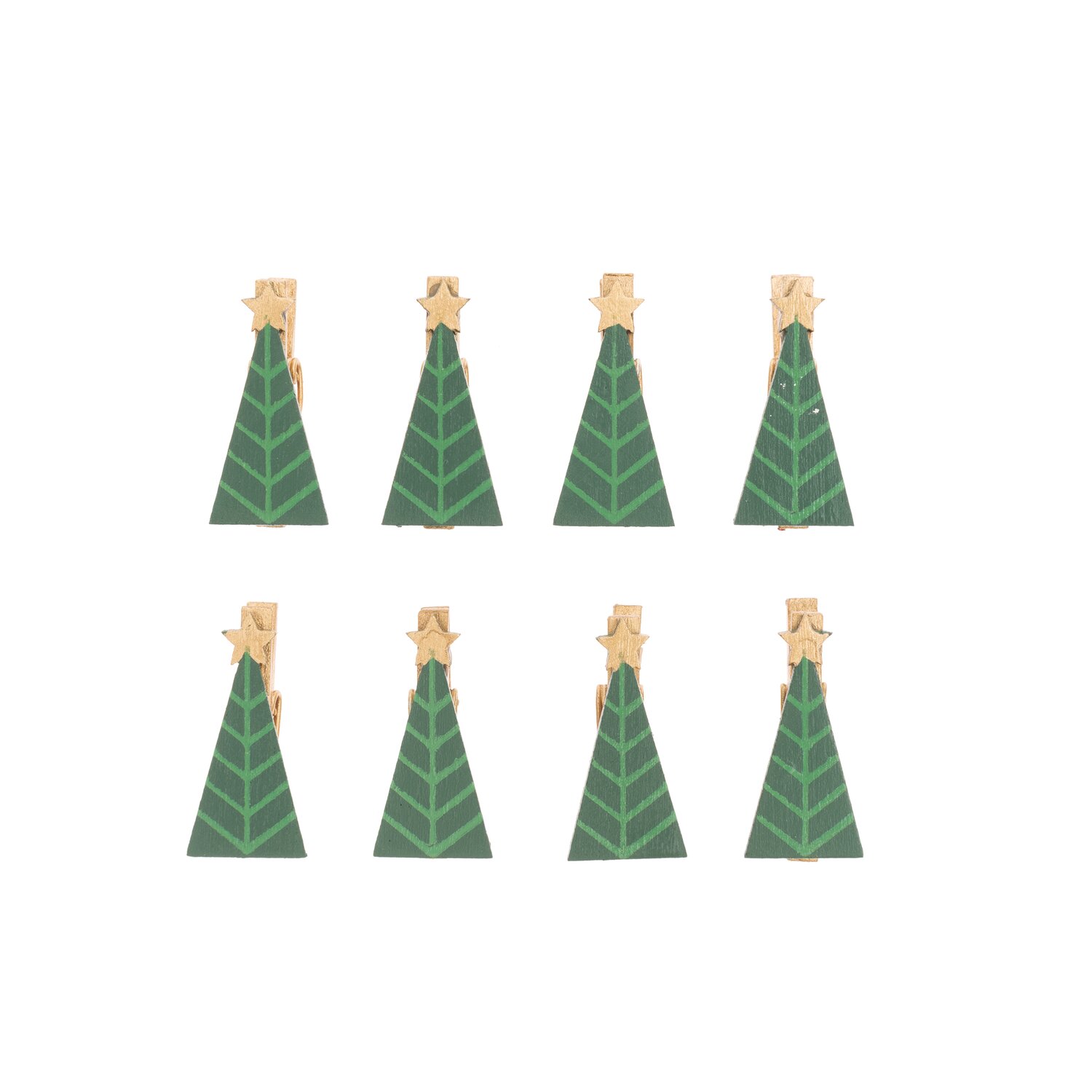 Dekoklammern Tannenbaum grün-gold 3cm 8 Stück: Acht grüne Tannenbaum-Klammern mit goldenen Sternen, ideal für festliche Dekorationen.