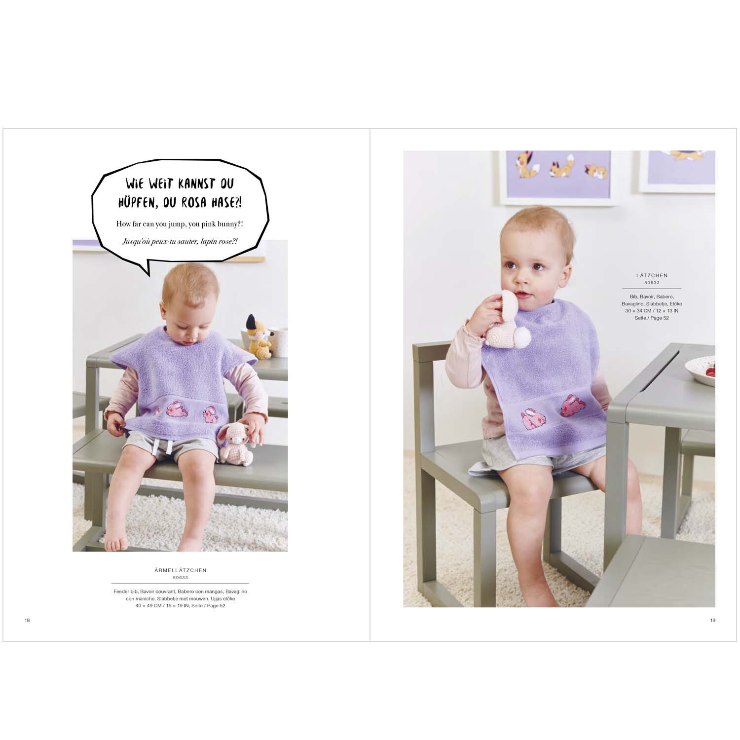 Stickbuch Cute, Cuter, Kawaii Nr. 175: Ein Baby trägt ein lila Lätzchen mit niedlichen Motiven, sitzt an einem Tisch.