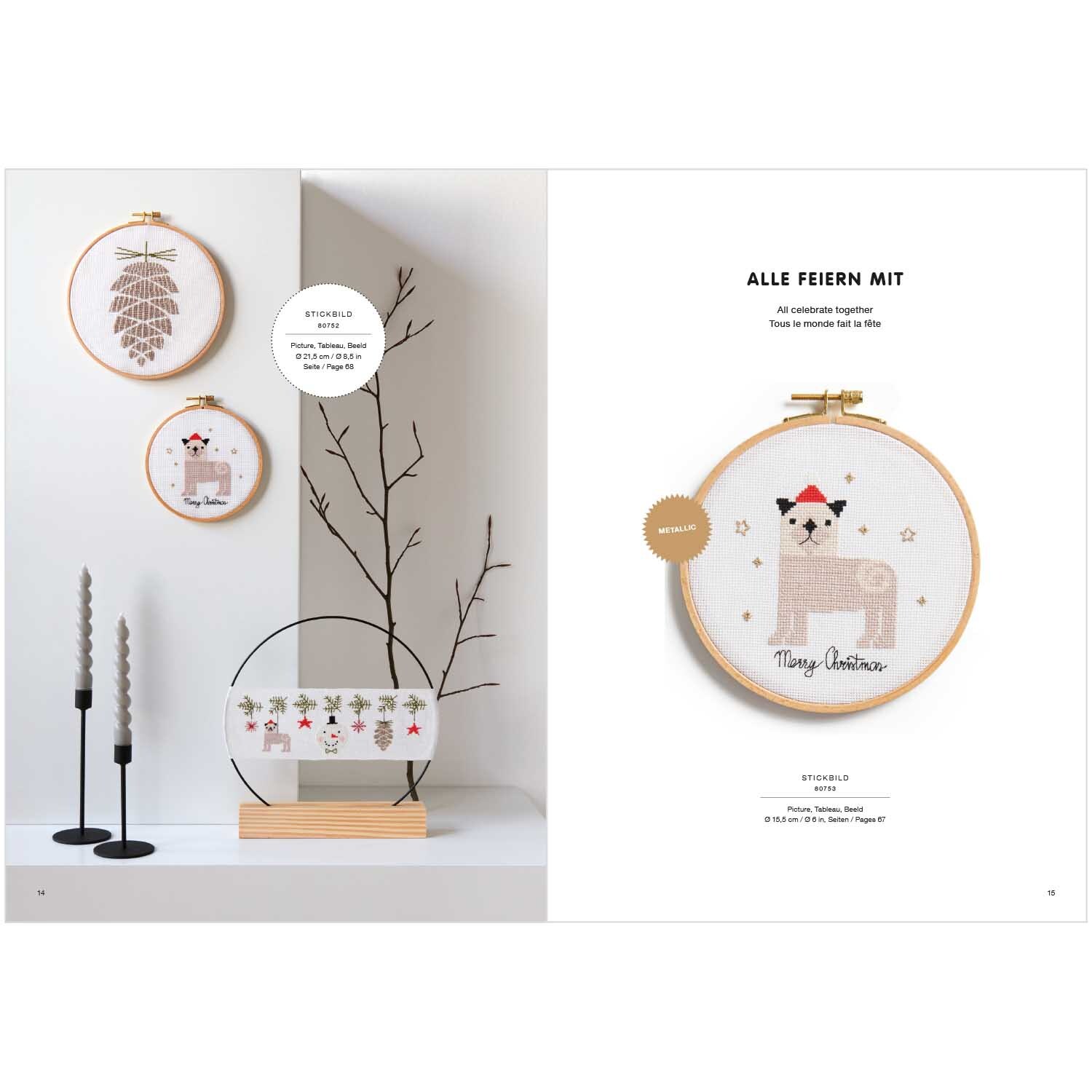 Stickbuch I love Christmas Nr. 180 zeigt festliche Stickmuster in runden Rahmen von Rico Design.