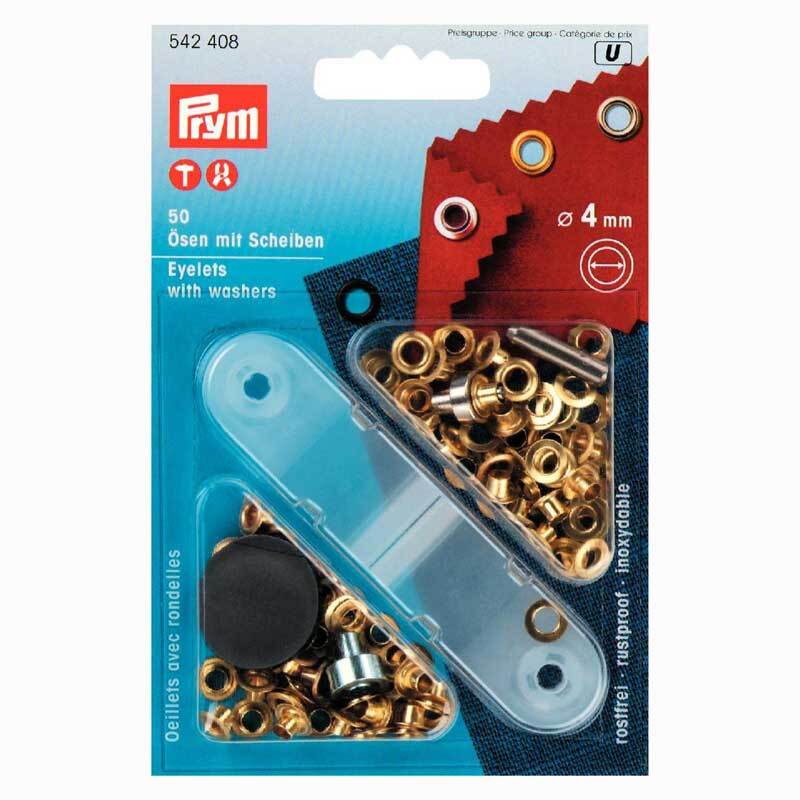 Ösen mit Scheiben gold 4mm 50 Stück von Prym, verpackt in einer blauen Box mit transparentem Deckel.