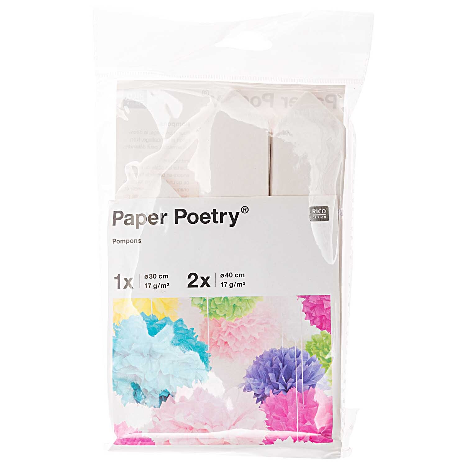 Seidenpapier Pompons 17g/m² 3 Stück von Rico Design in einer Verpackung mit bunten Pompons.