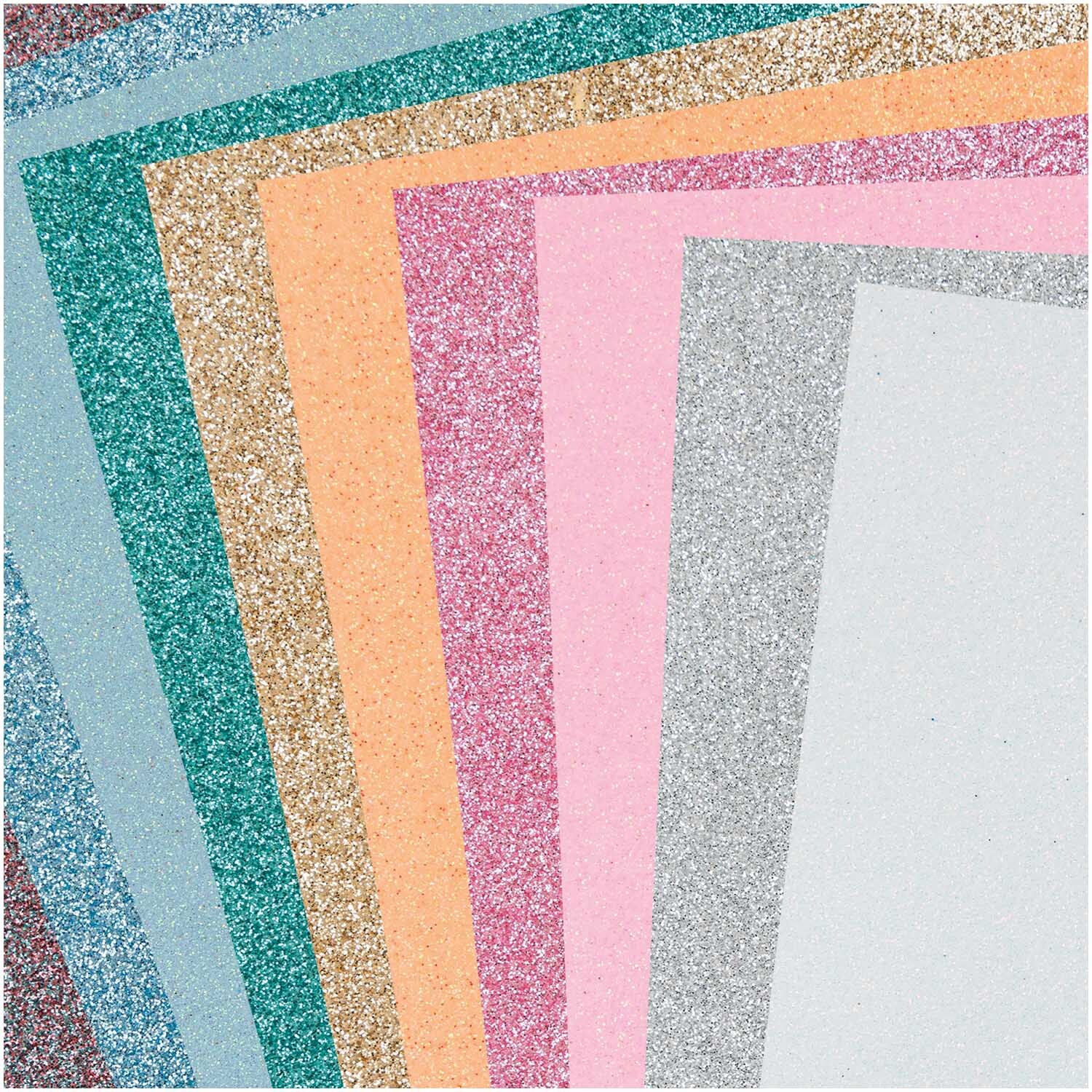 Moosgummimix 2mm 20x30cm zeigt zehn Blätter in verschiedenen Pastell- und Glitzerfarben von Rico Design.