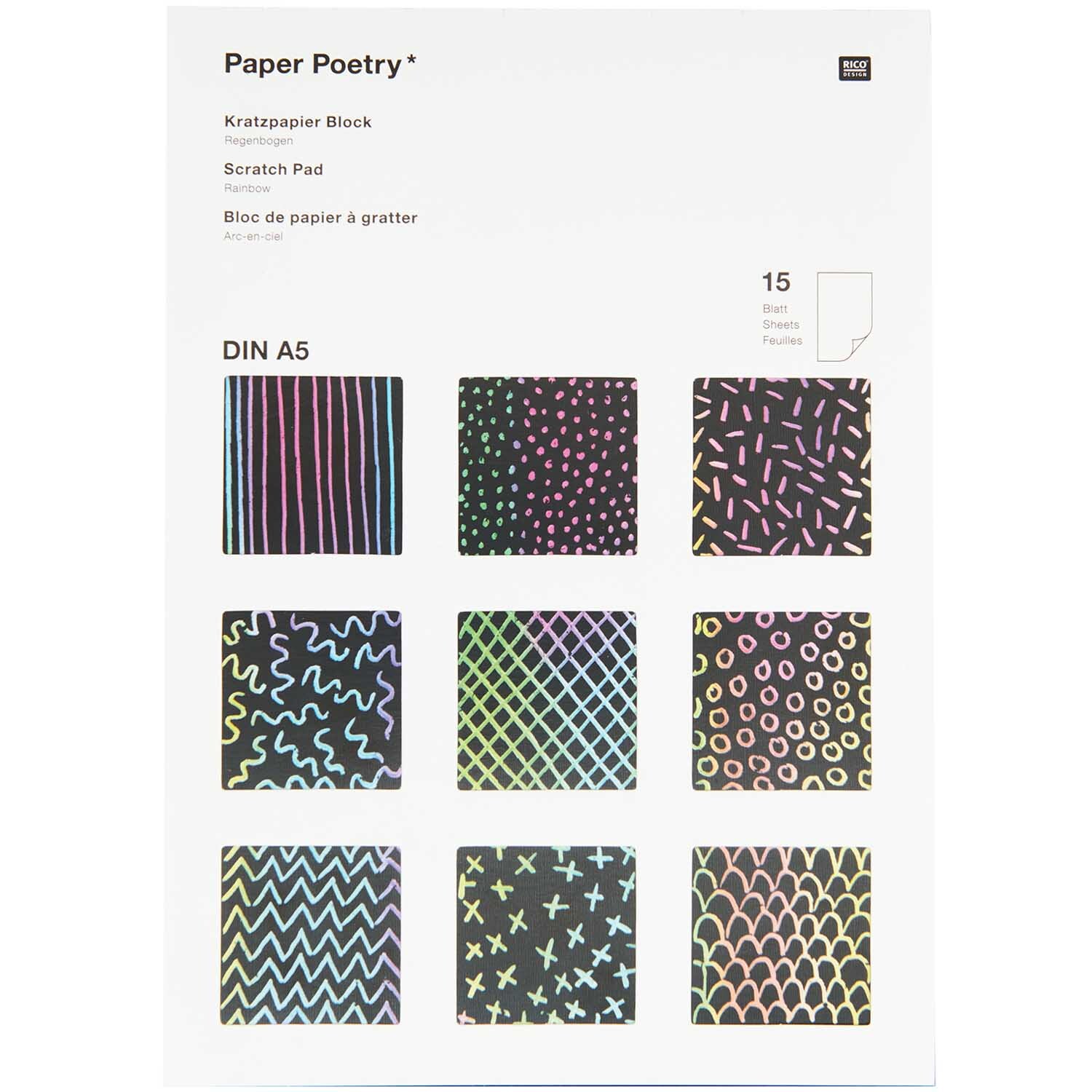 Paper Poetry Kratzpapierblock mit bunten Mustern auf schwarzem Hintergrund, Marke Rico Design. Ideal für kreative Projekte.