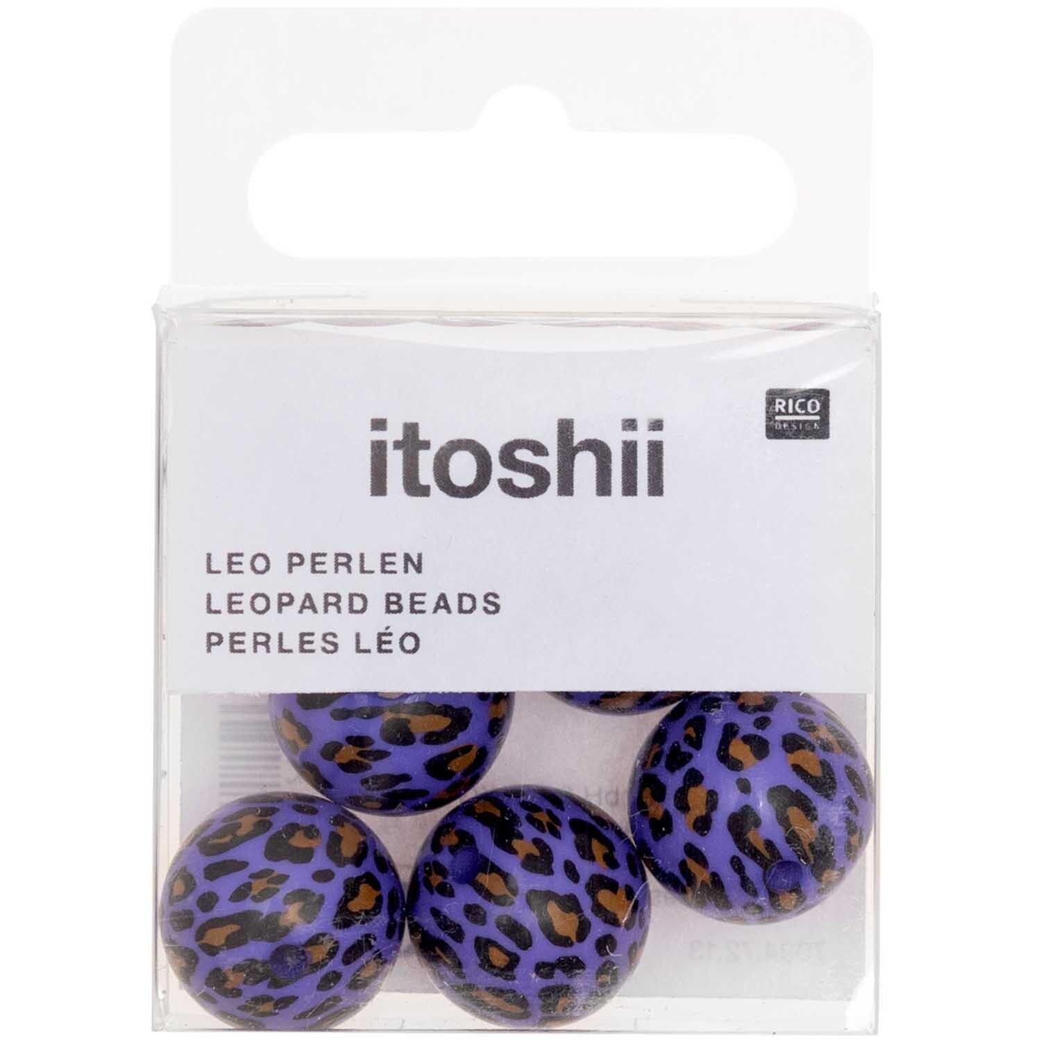 Perlen Acid Leo 16mm 6 Stück: Lila Perlen mit Leopardenmuster von Rico Design in transparenter Verpackung.