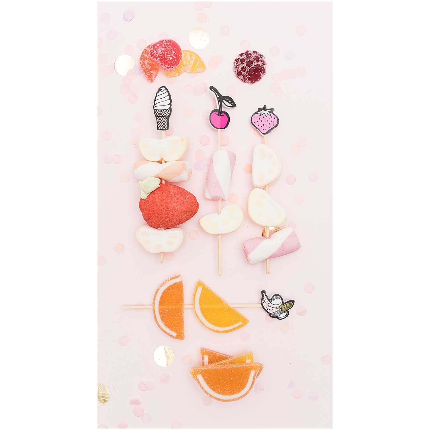 Picker Mix Eistüte-Früchte 15cm 24 Stück: Bunte Frucht- und Eiscreme-Motive auf rosa Hintergrund, ideal für kreative Bastelprojekte.