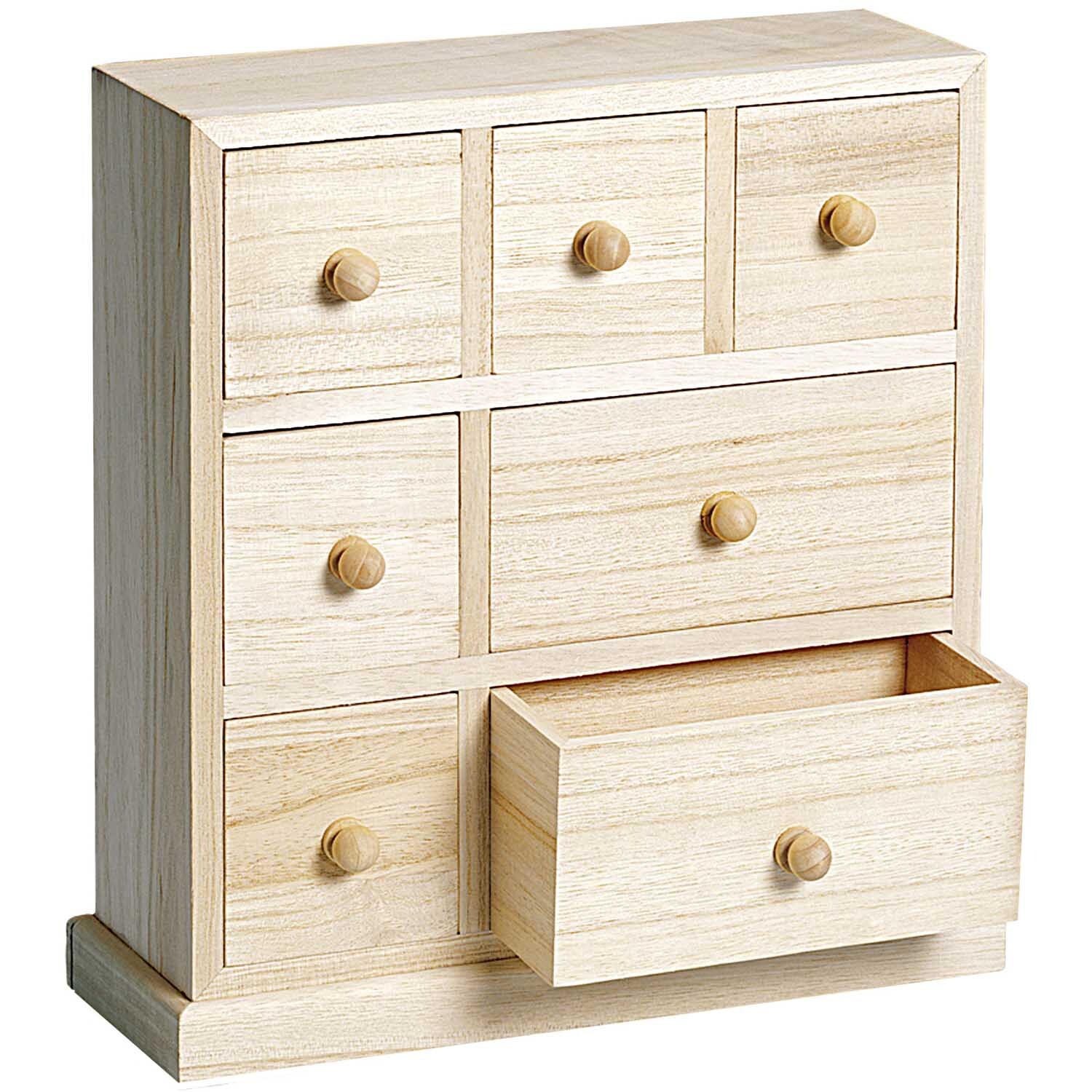 Kommode mit 7 Fächern von Rico Design, aus hellem Holz, zeigt eine Schublade leicht geöffnet.