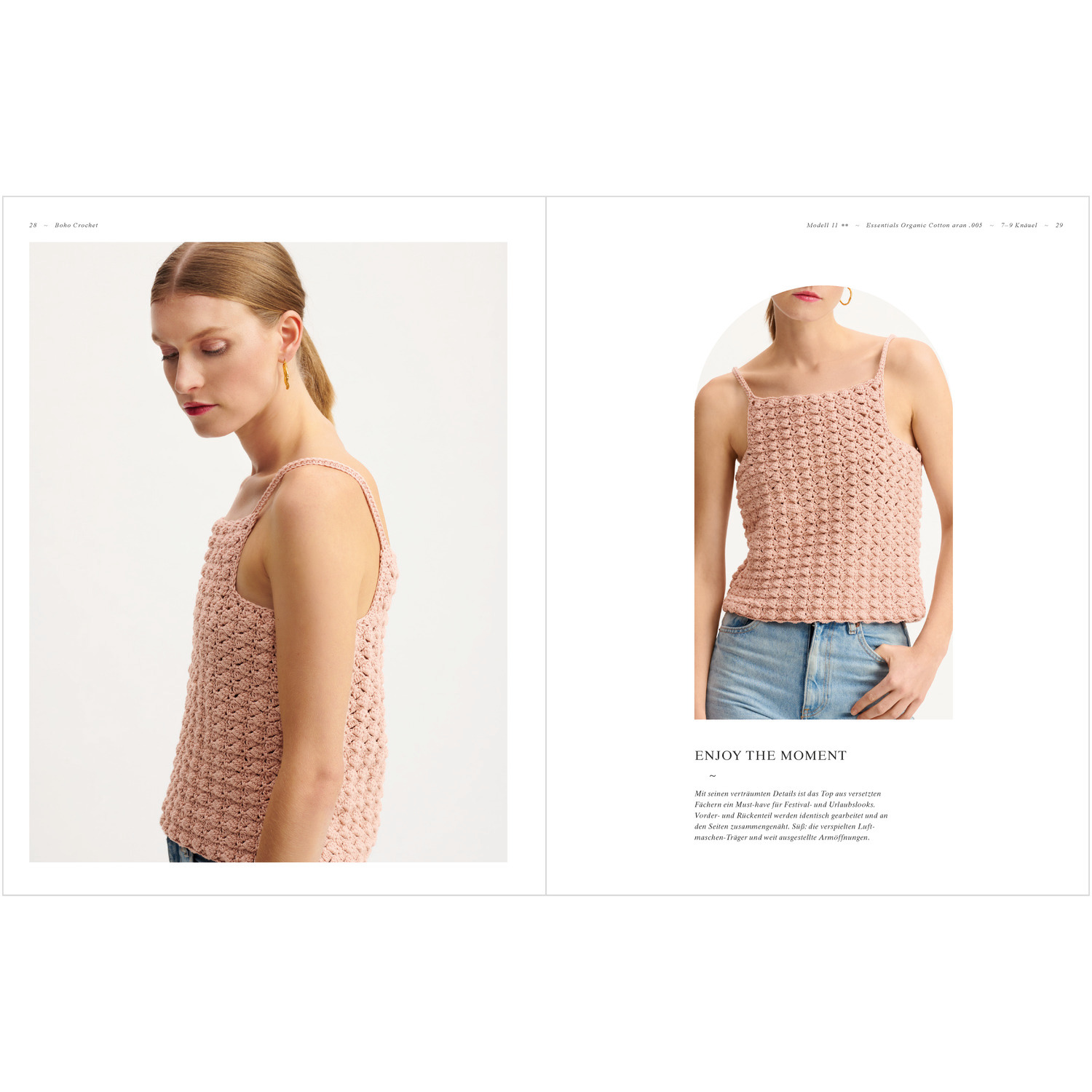 Boho Crochet: Rosa Häkel-Top von Rico Design, getragen von Frau in Jeans. Perfekt für Sommermode.