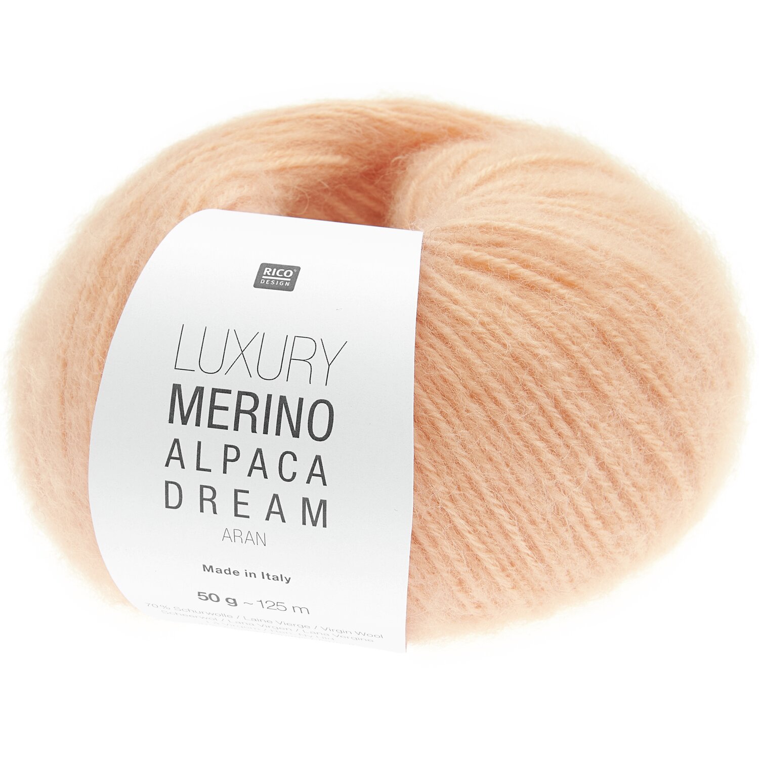 Luxury Merino Alpaca Dream aran Wolle in Apricot von Rico Design, 50g, 125m, ideal für Strickset Schal Modell 39 aus Lovewool No. 21.