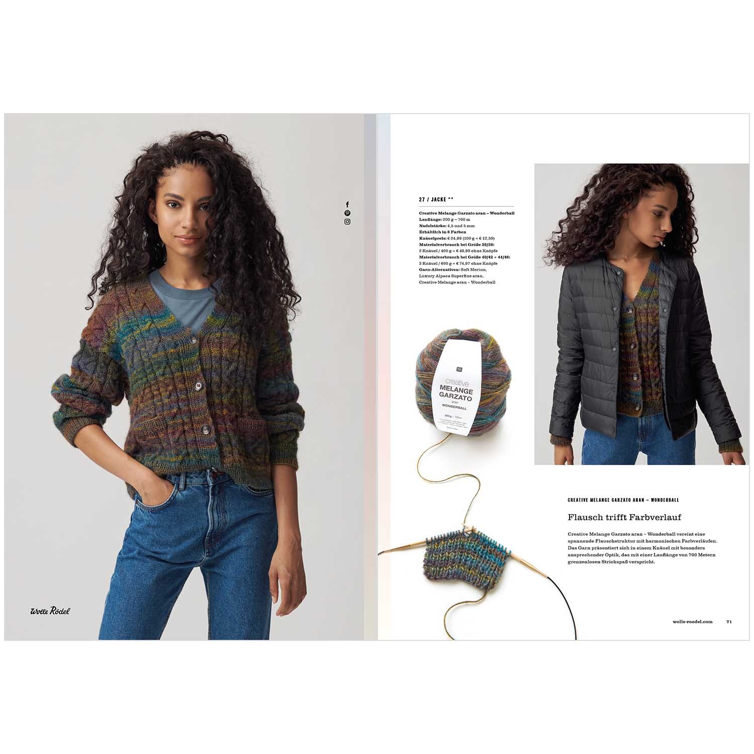 Die Neue Masche Nr. 02 Winter: Frau trägt einen bunten Strickpullover von Wolle Rödel, kombiniert mit Jeans.
