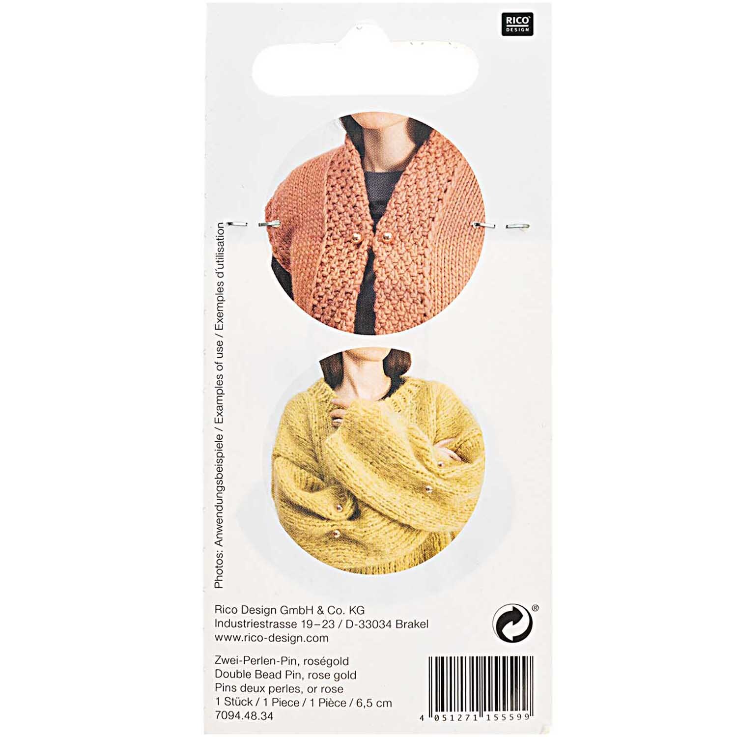 Zwei-Perlen-Pin 65mm von Rico Design in Roségold, ideal zum Verschließen von Strickjacken.