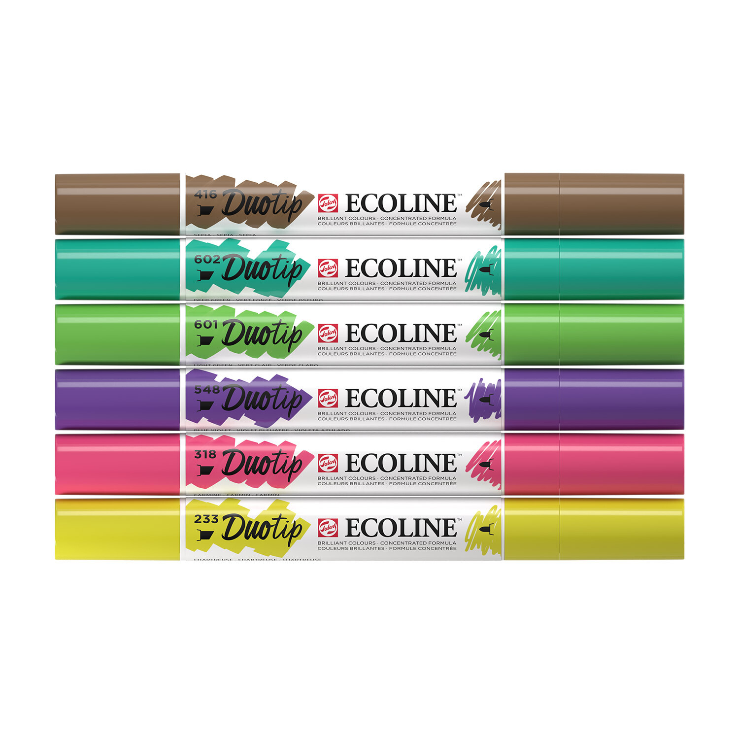 Ecoline Duotip Set Botanik, 6 Stück, farbenfrohe Marker in Braun, Grün, Lila, Gelb, Pink. Ideal für kreative Projekte.