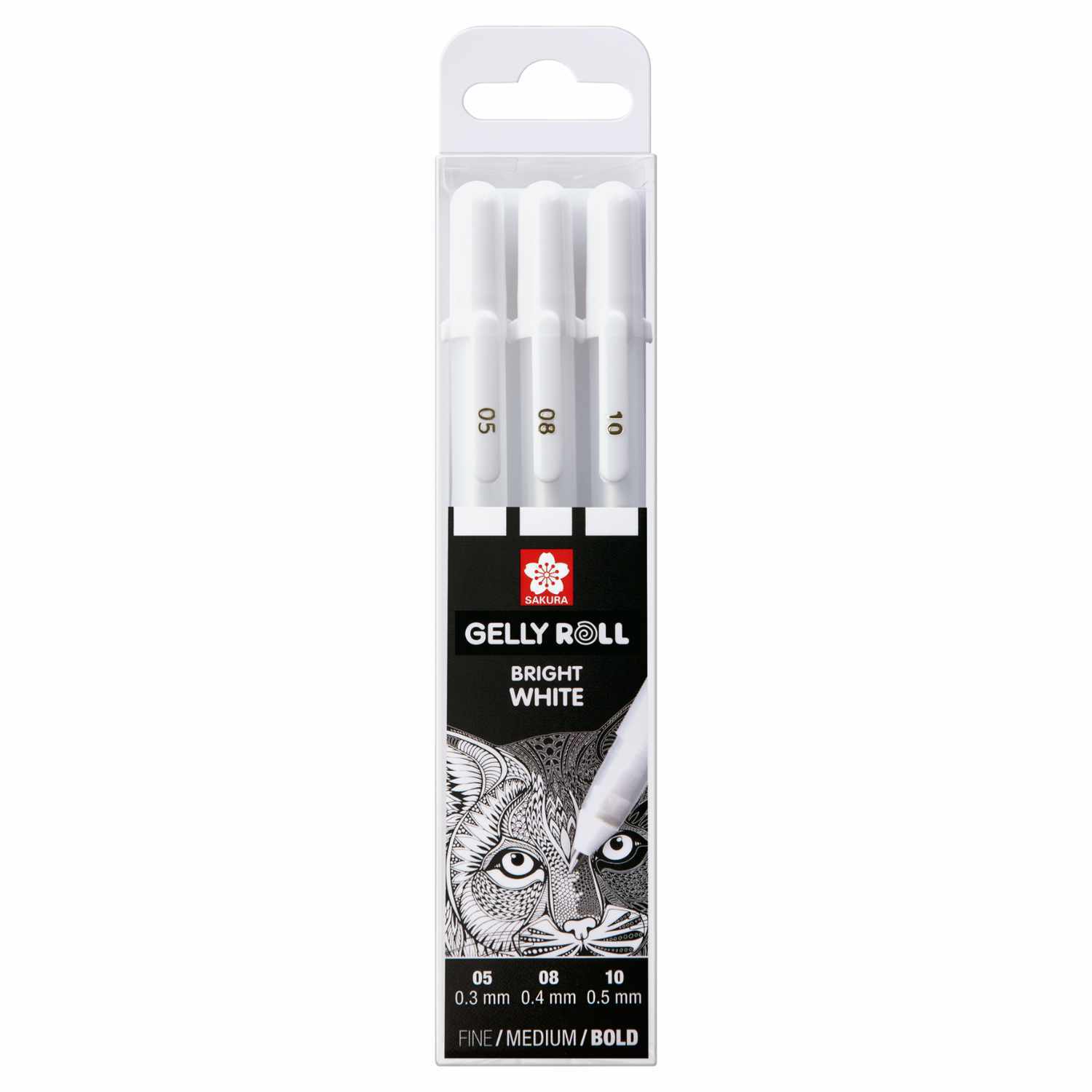 Gelly Roll Gelstifte Basic-Set Bright White von SAKURA, drei weiße Stifte in einer Verpackung mit Katzendesign. Ideal für feine bis kräftige Linien.