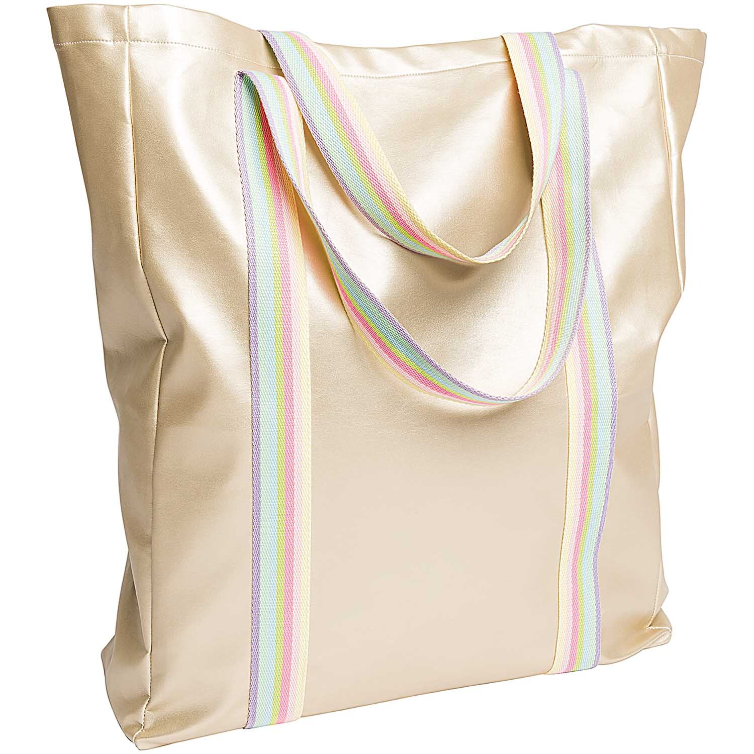 Gurtband gestreift 40mm 2m: Beigefarbene Tasche mit pastellfarbenen Streifen, ideal für stilvolle Aufbewahrung.
