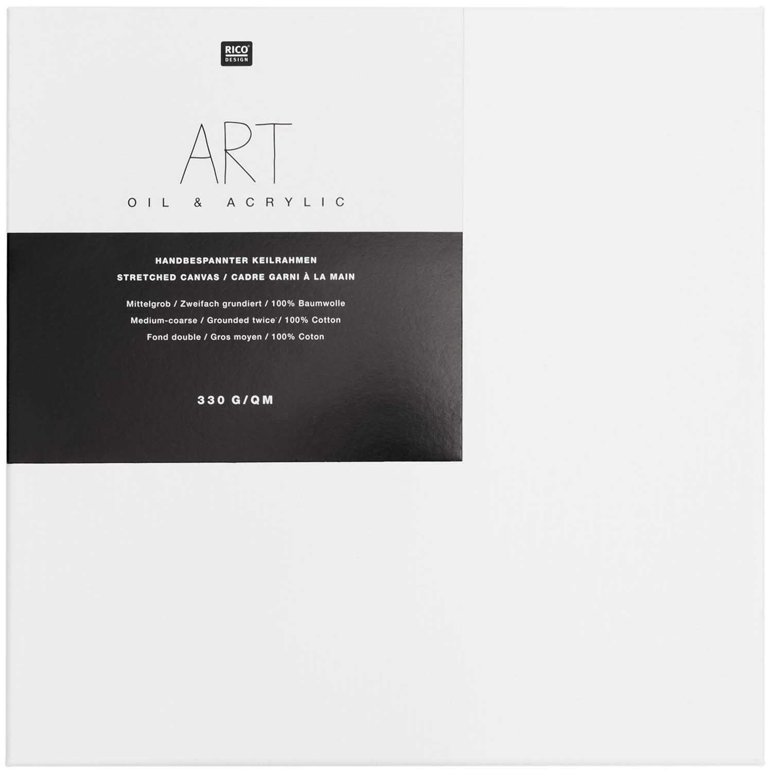 ART Keilrahmen von Rico Design, ideal für Öl- und Acrylmalerei, zeigt eine weiße Leinwand mit schwarzem Etikett.