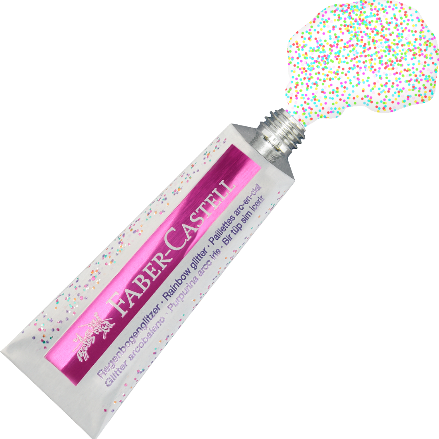 Glitzer Regenbogen: Faber Castell Glitzerfarbe in Tube, 12ml, mit buntem Glitzereffekt.