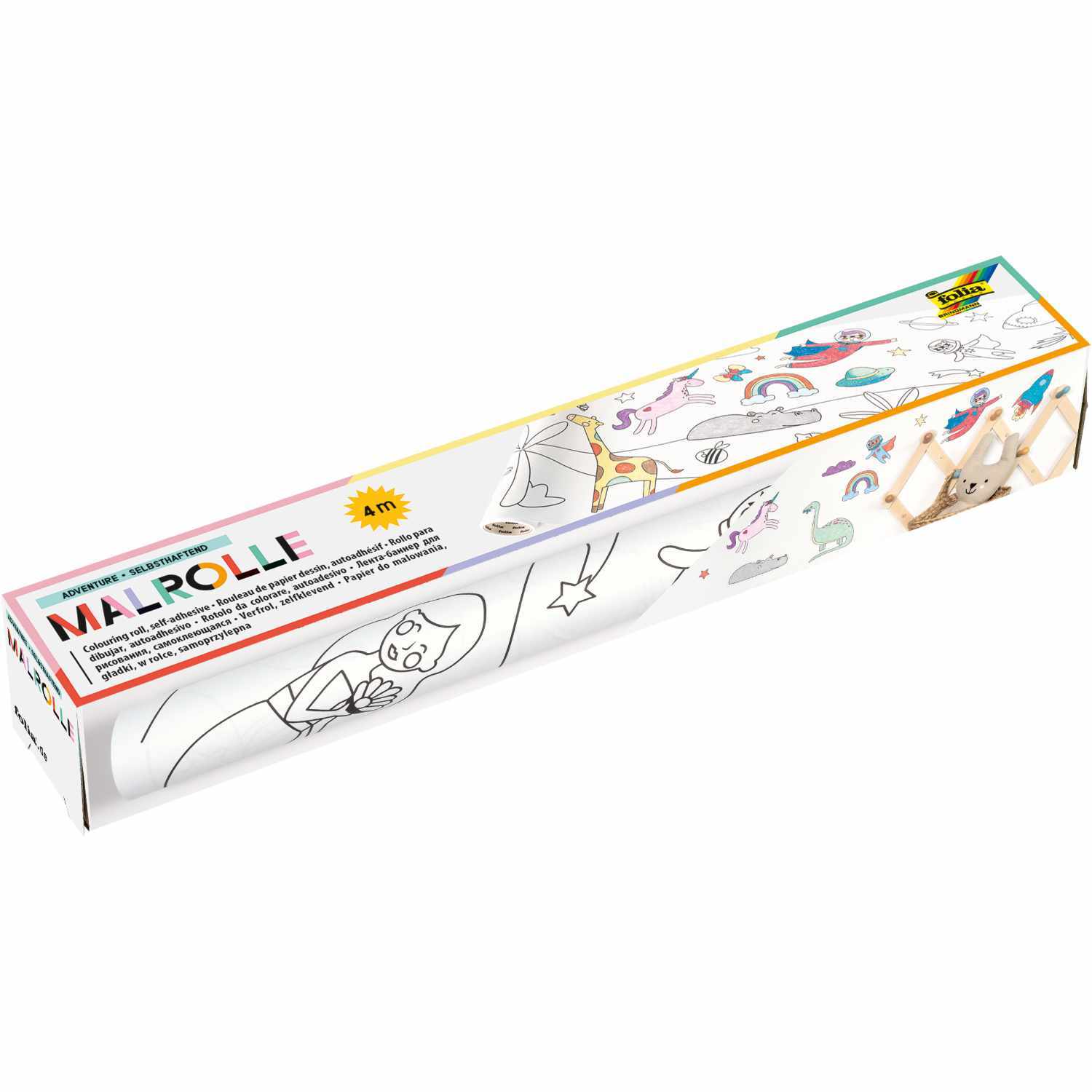 Malrolle Motive Adventure 30cmx4m zeigt bunte Abenteuer-Motive auf einer selbsthaftenden Rolle. Ideal für kreative Kinderprojekte.