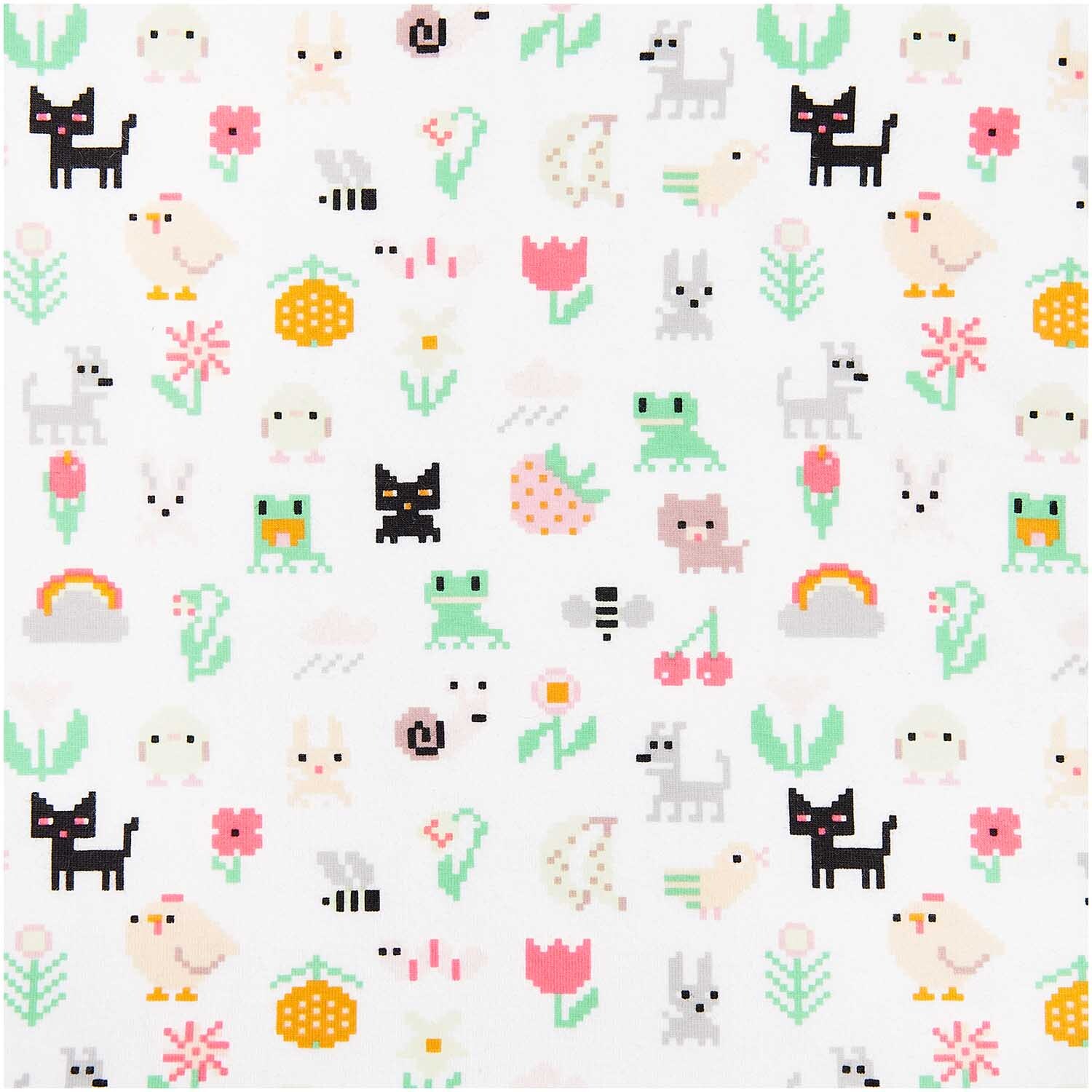 Meterware Jersey Pixel Art Tiere mit bunten, pixeligen Tiermotiven auf weißem Hintergrund von Rico Design. Ideal für kreative Nähprojekte.