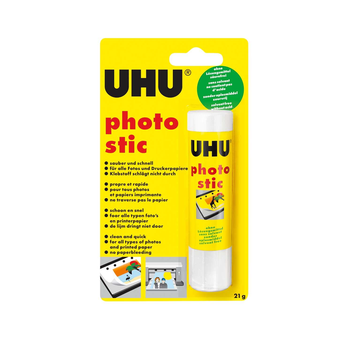 Photostic ohne Lösungsmittel 21g von UHU, gelbe Verpackung mit Klebestift und Anwendungsbildern. Ideal für Fotos und Papier.