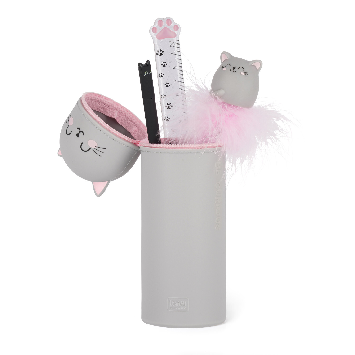 Etui Kitty: Graues Stifteetui mit Katzenmotiv, gefüllt mit Lineal, Stift und Radiergummi.