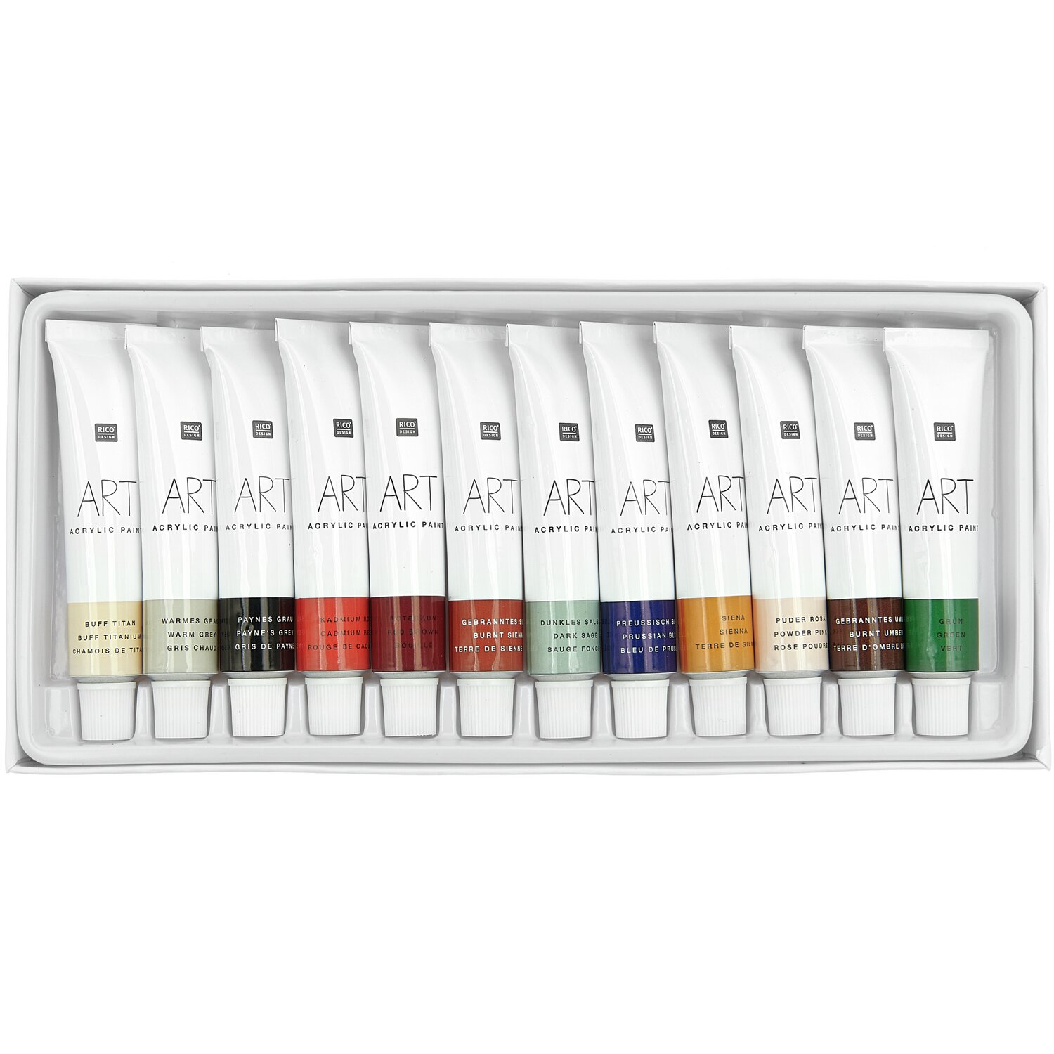 ART Künstler Acrylfarben-Set Erdfarben 12x12ml zeigt 12 Tuben in verschiedenen Erdtönen in einer weißen Verpackung.