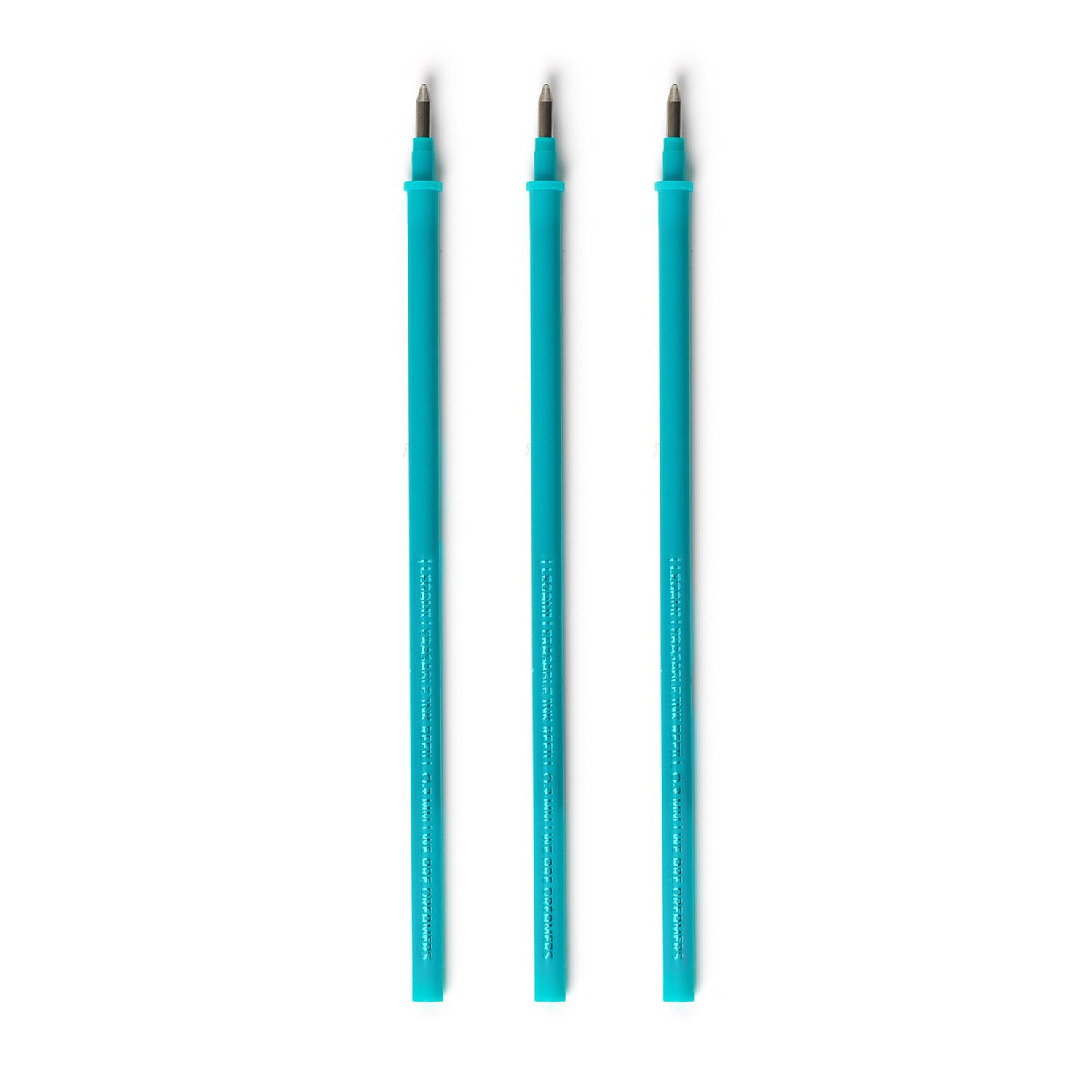 Ersatzminen für löschbaren Gelstift, 3 Stück, in Türkis von Legami, nebeneinander liegend.