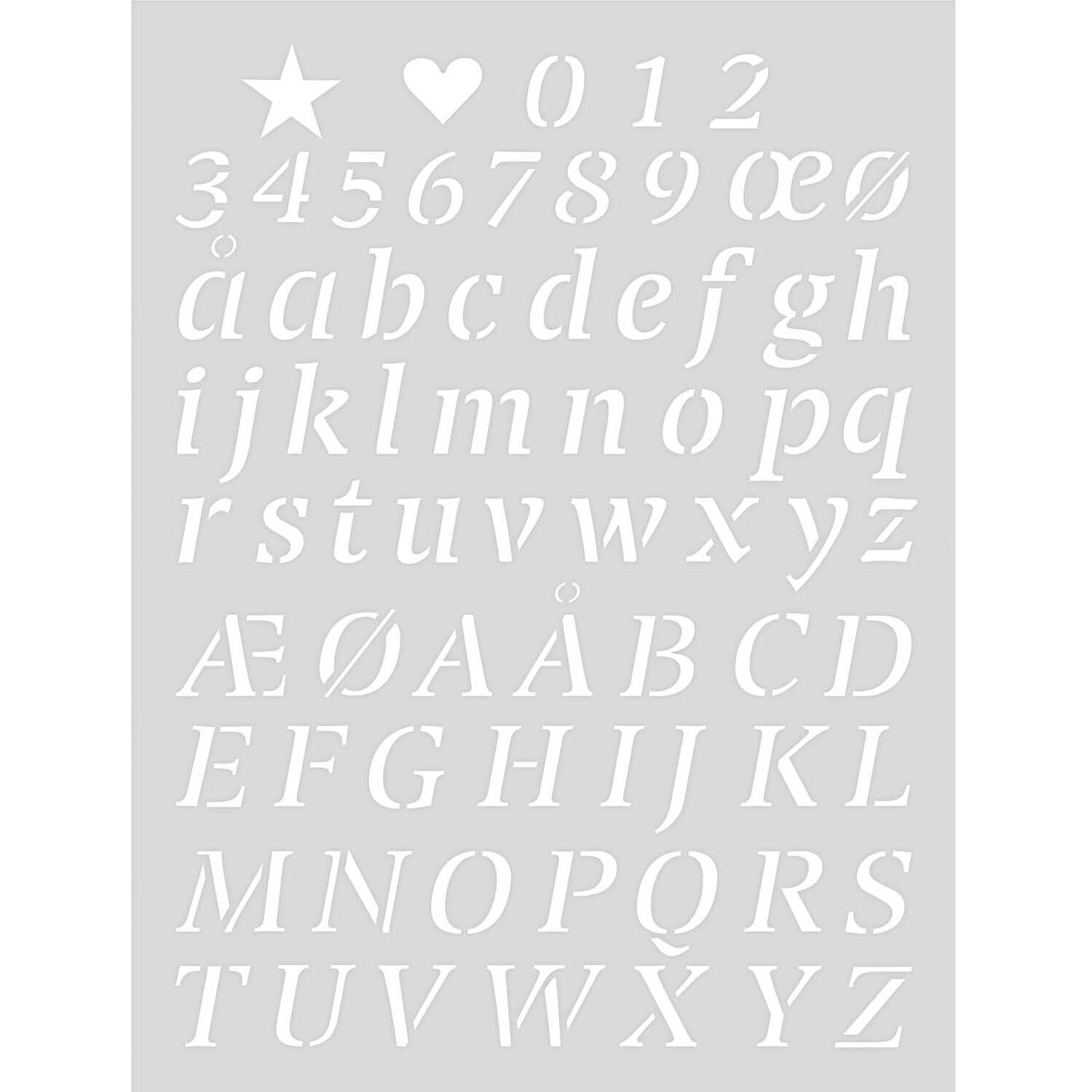 Schablone Alphabet 2 18,5x24,5cm selbstklebend zeigt Buchstaben und Zahlen in Weiß auf grauem Hintergrund. Ideal für kreative Projekte.
