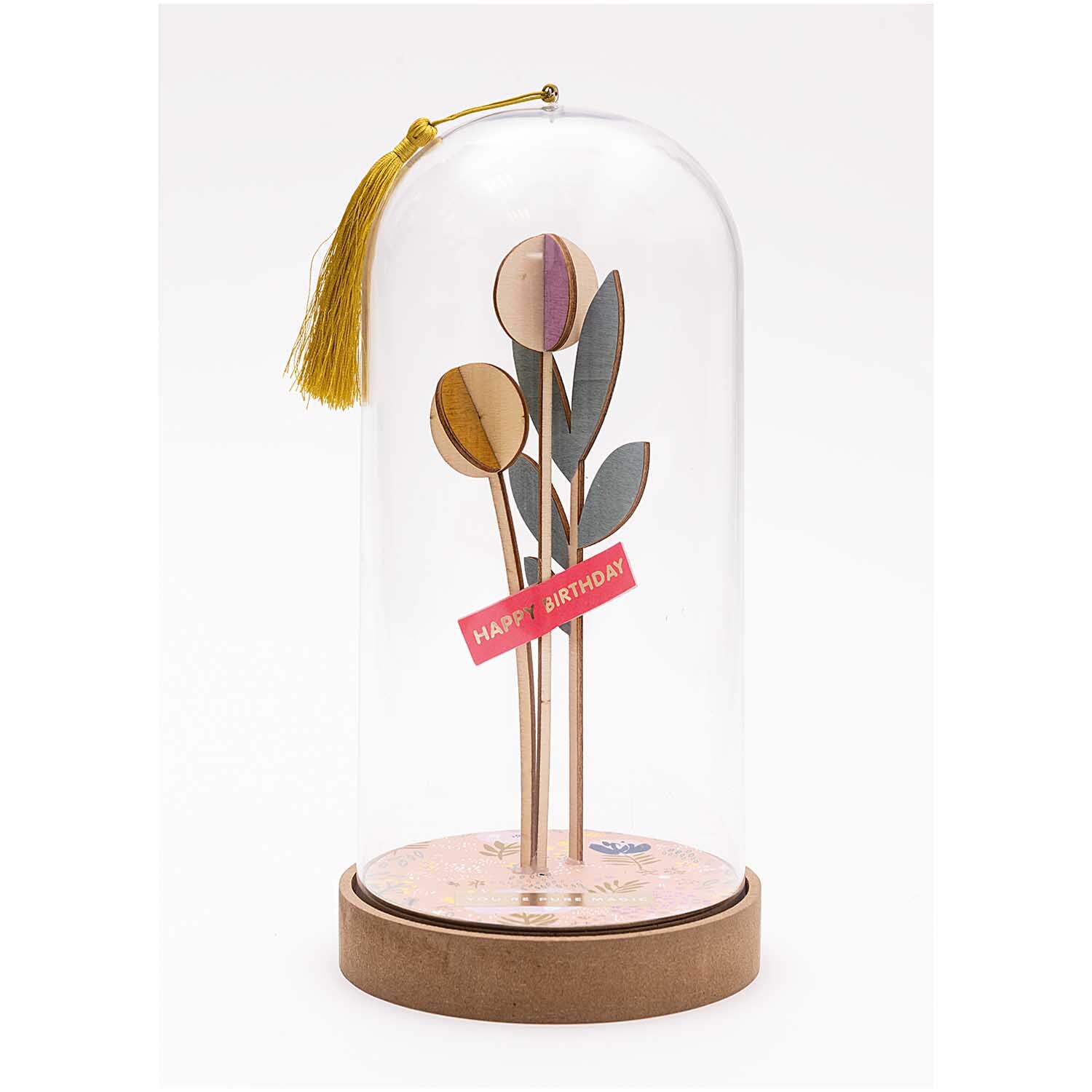 Stecktulpen 28cm 2 Stück von Rico Design in einer Glaskuppel mit bunten Blättern und "Happy Birthday"-Schild.
