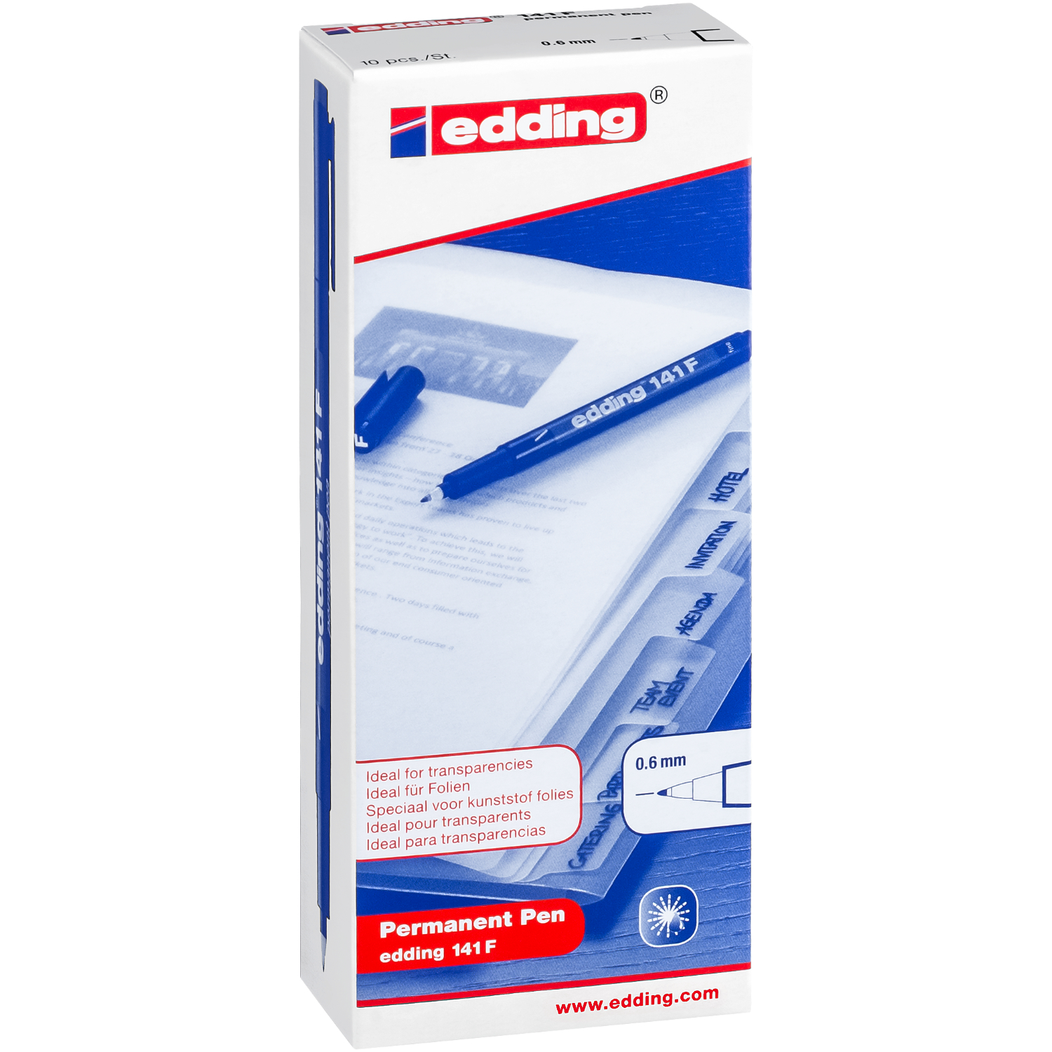 140 S OHP-Marker permanent rot von edding, abgebildet auf einer Verpackung mit blauen Markern und Text auf weißem Hintergrund.