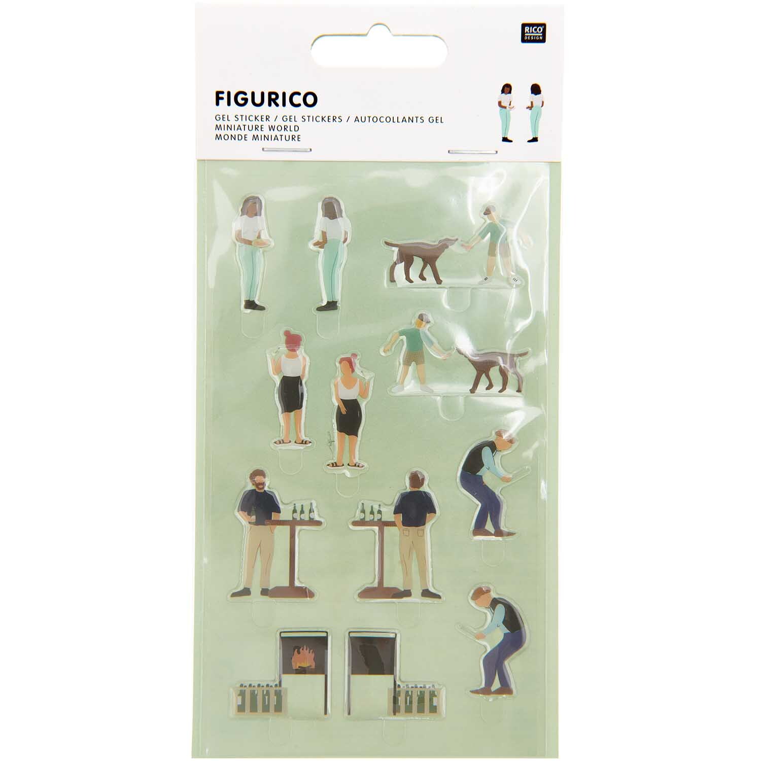 Figurico Gelsticker Gartenparty von Rico Design zeigt Menschen und Hunde bei einer Gartenfeier. Ideal für kreative Bastelprojekte.