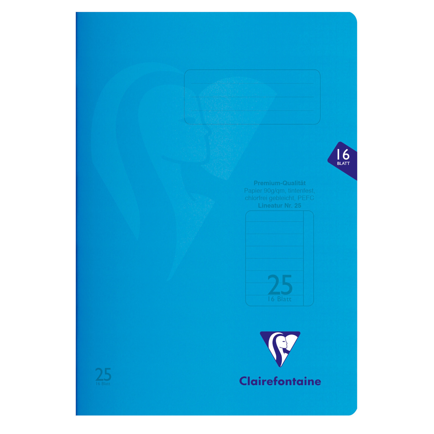 Schulheft Blau A4 liniert mit Rand 16 Blatt von Clairefontaine, 90g/m², zeigt ein schlichtes Design.