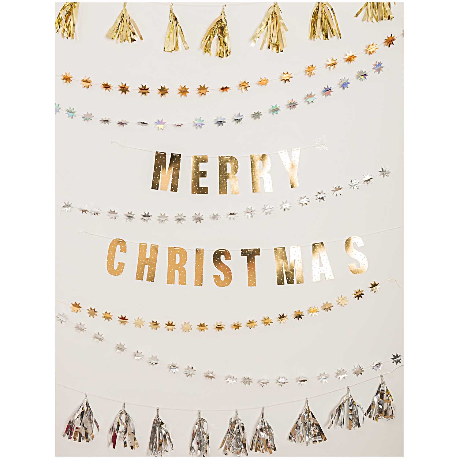 Paper Poetry Girlande Sterne 1,3m Hot Foil von Rico Design in Gold zeigt festliche Weihnachtsdekoration mit glänzenden Sternen und Quasten.