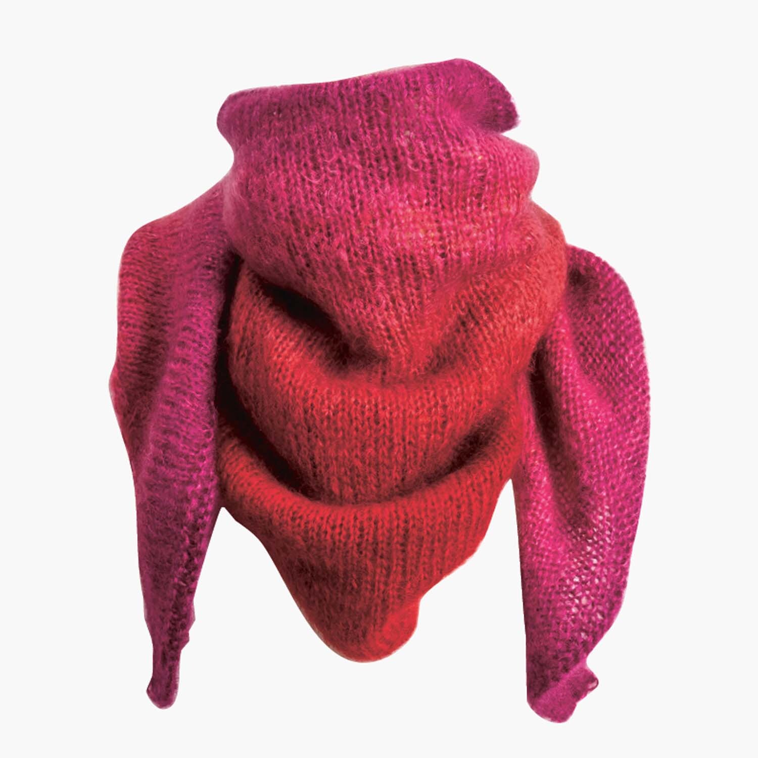 Strickanleitung Dreieckstuch Colourlove: Ein weiches, dreieckiges Tuch in leuchtendem Pink und Rot.