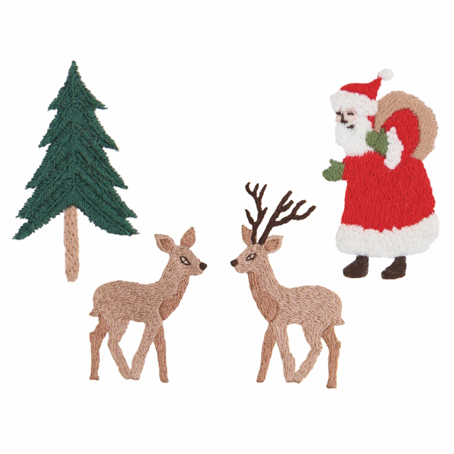 Stick & Stitch Stickpackung Weihnachtswald 12 Stück zeigt gestickte Motive von Weihnachtsmann, Tannenbaum und zwei Rehen. Ideal für festliche Dekorationen.