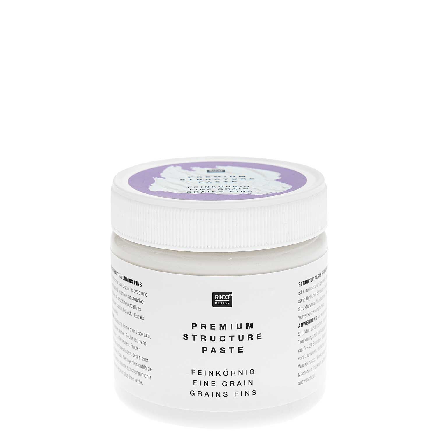 ART Premium Strukturpaste feinkörnig von Rico Design in weißem Behälter mit lila Deckel. Ideal für kreative Projekte und Texturen.