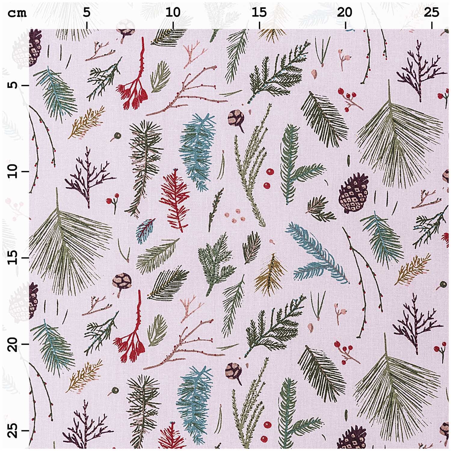 Druckstoff Nostalgic Christmas mit Zweigen und Tannenzapfen auf rosa Hintergrund von Rico Design.