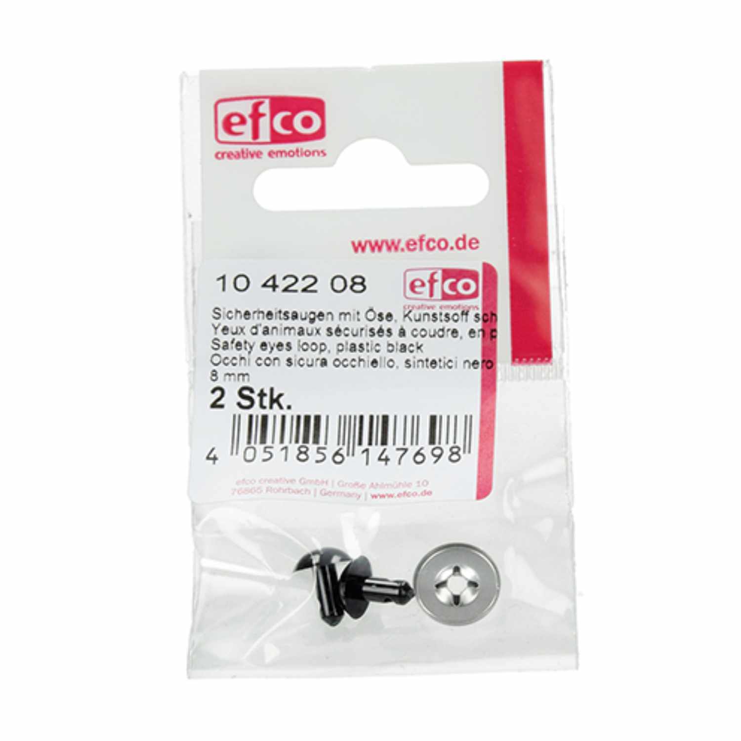 Sicherheitsaugen schwarz 2 Stück von efco, verpackt in einer transparenten Tüte mit rotem Logo.