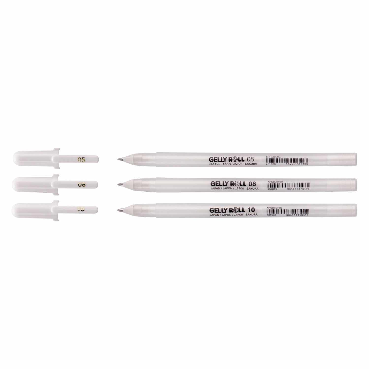 Gelly Roll Gelstifte Basic-Set Bright White von SAKURA, bestehend aus drei weißen Stiften mit abnehmbaren Kappen.