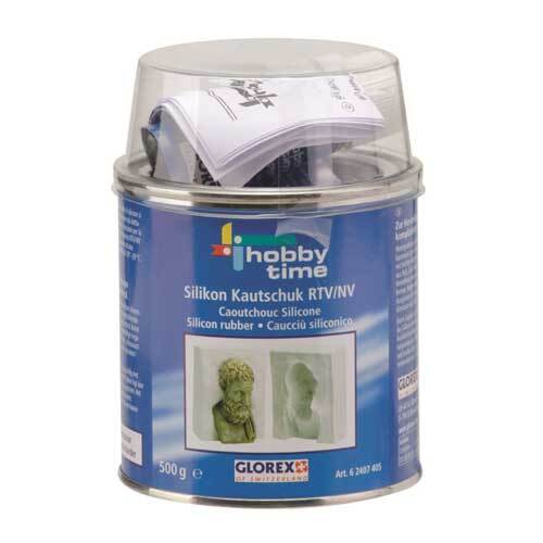 Silikonkautschuk NV 500g mit Härter in einer transparenten Dose von Glorex, ideal für Modellbau.