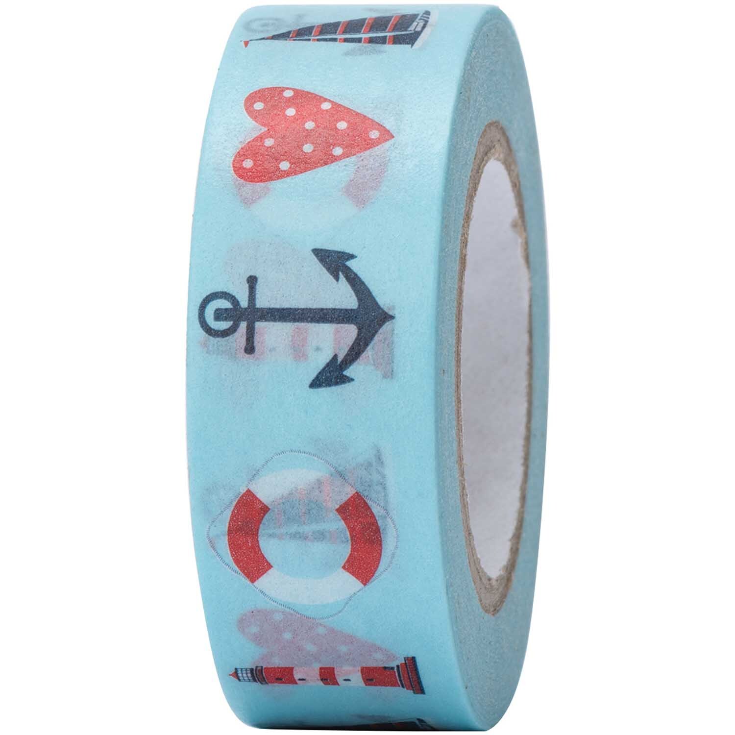 Paper Poetry Tape Maritim mit maritimen Motiven wie Anker und Leuchtturm auf blauem Hintergrund. Marke: Rico Design.