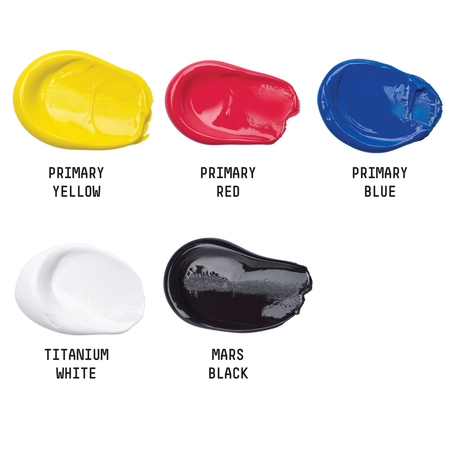Basics Acrylfarben Set 5x75ml zeigt fünf Farbtöne: Gelb, Rot, Blau, Weiß und Schwarz von Liquitex.