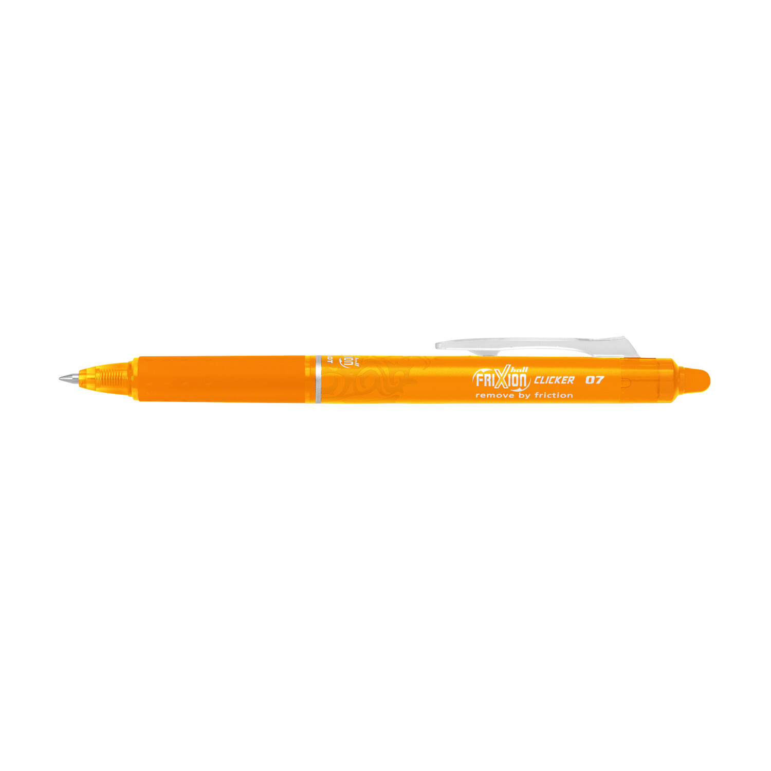 FriXion Clicker 07, ein aprikosenfarbener Stift von PILOT, liegt horizontal auf weißem Hintergrund.