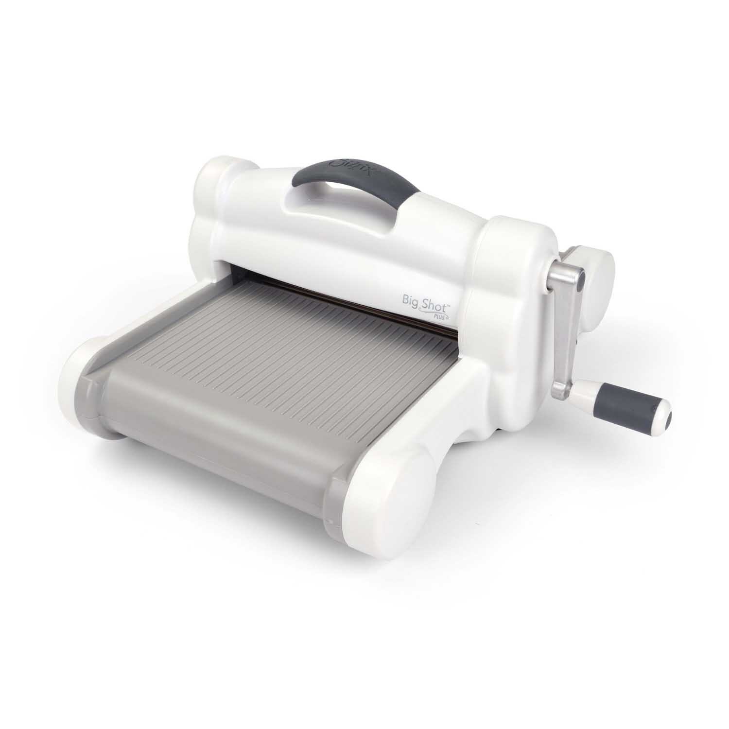 Big Shot Plus Stanzmaschine A4 von Sizzix, weiß, mit ergonomischem Griff und Kurbel, ideal für präzises Stanzen und Bastelarbeiten.