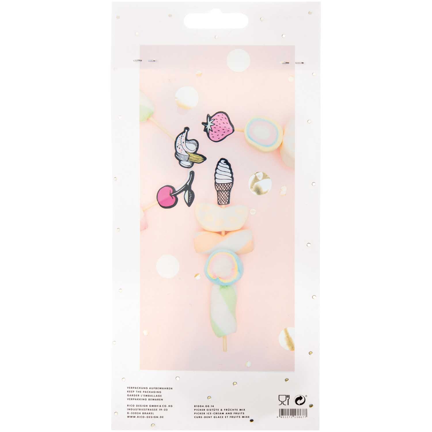 Picker Mix Eistüte-Früchte 15cm 24 Stück: Bunte Eistüten und Früchte von Rico Design auf einer Verpackung.