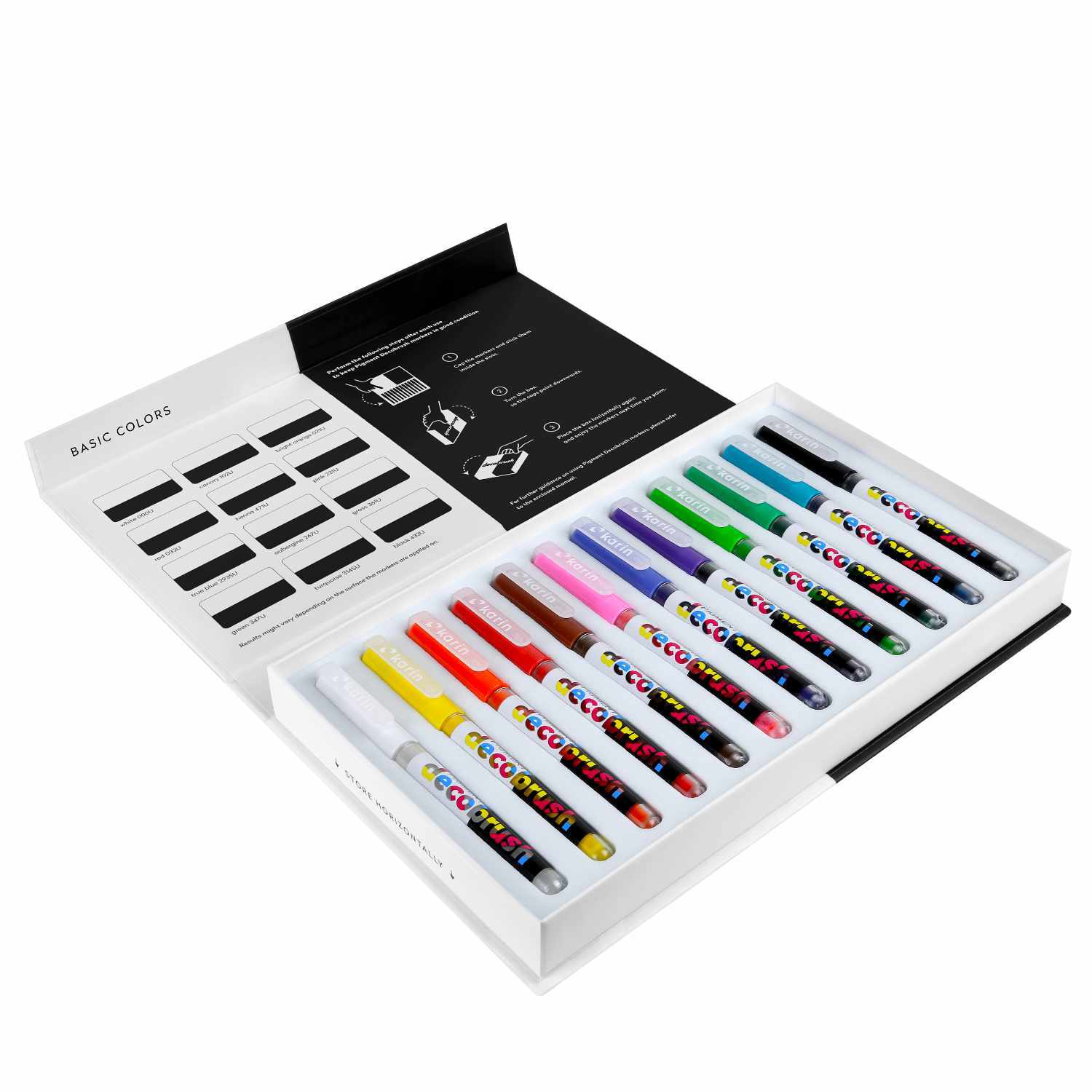PIGMENT Deco Brush Marker Set mit 12 leuchtenden Farben in offener Verpackung von karin. Ideal für kreative Projekte.