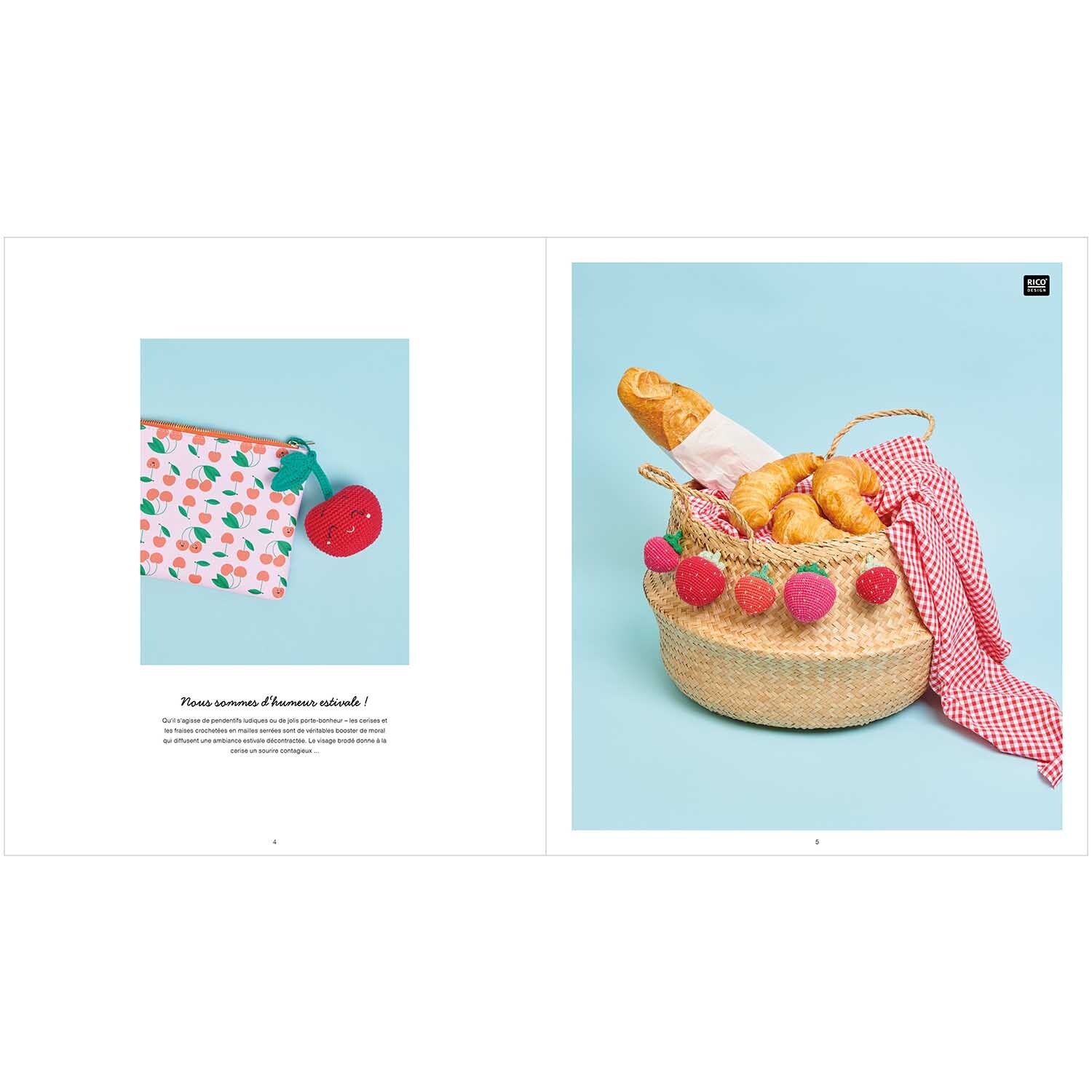 Ricorumi Just Bees + Fruits + Flowers: Ein Korb mit Croissants und Erdbeeren auf blauem Hintergrund, von Rico Design.