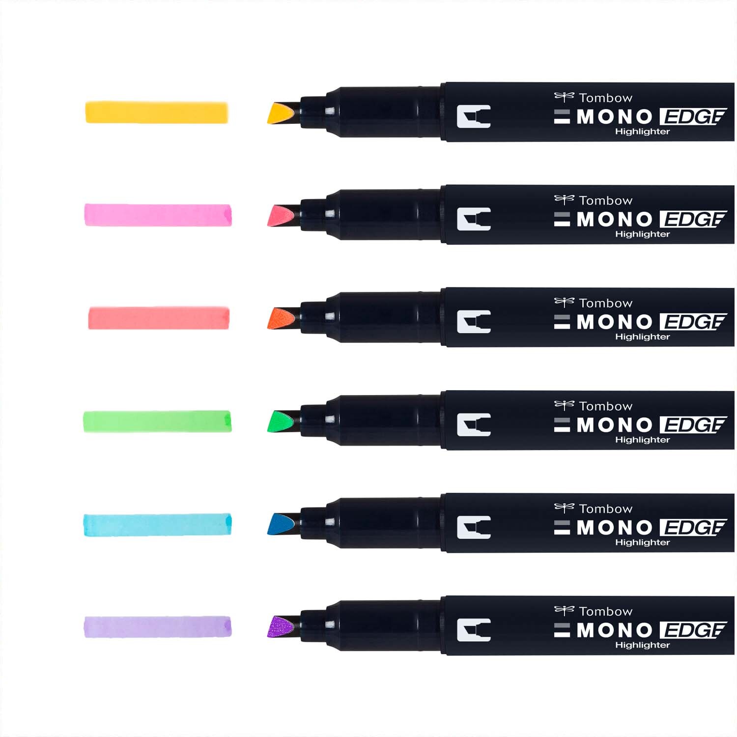 MONO edge Textmarker, 6-teiliges Set von Tombow, zeigt bunte Stifte in Gelb, Pink, Orange, Grün, Blau und Lila.