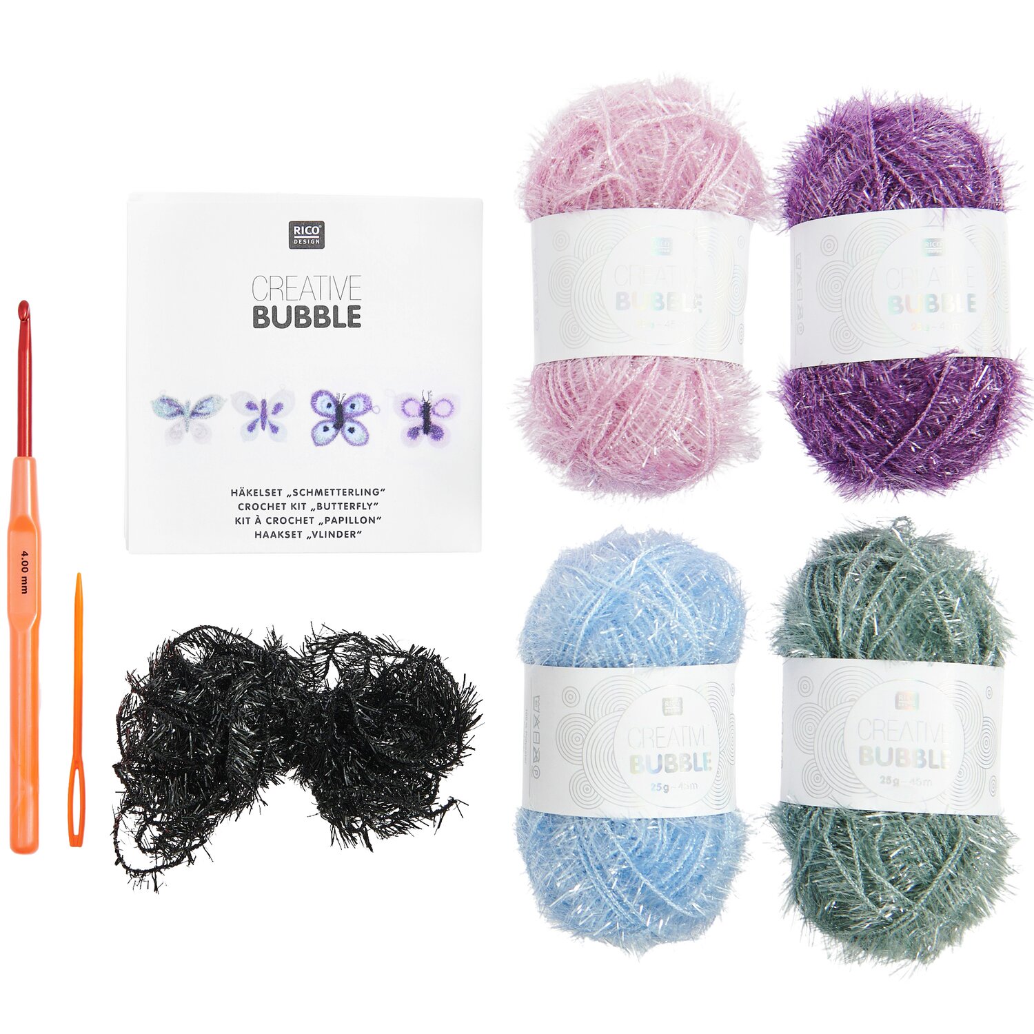 Häkelset Creative Bubble Schmetterling mit bunten Garnen und Häkelnadel von Rico Design. Ideal für kreative Projekte.