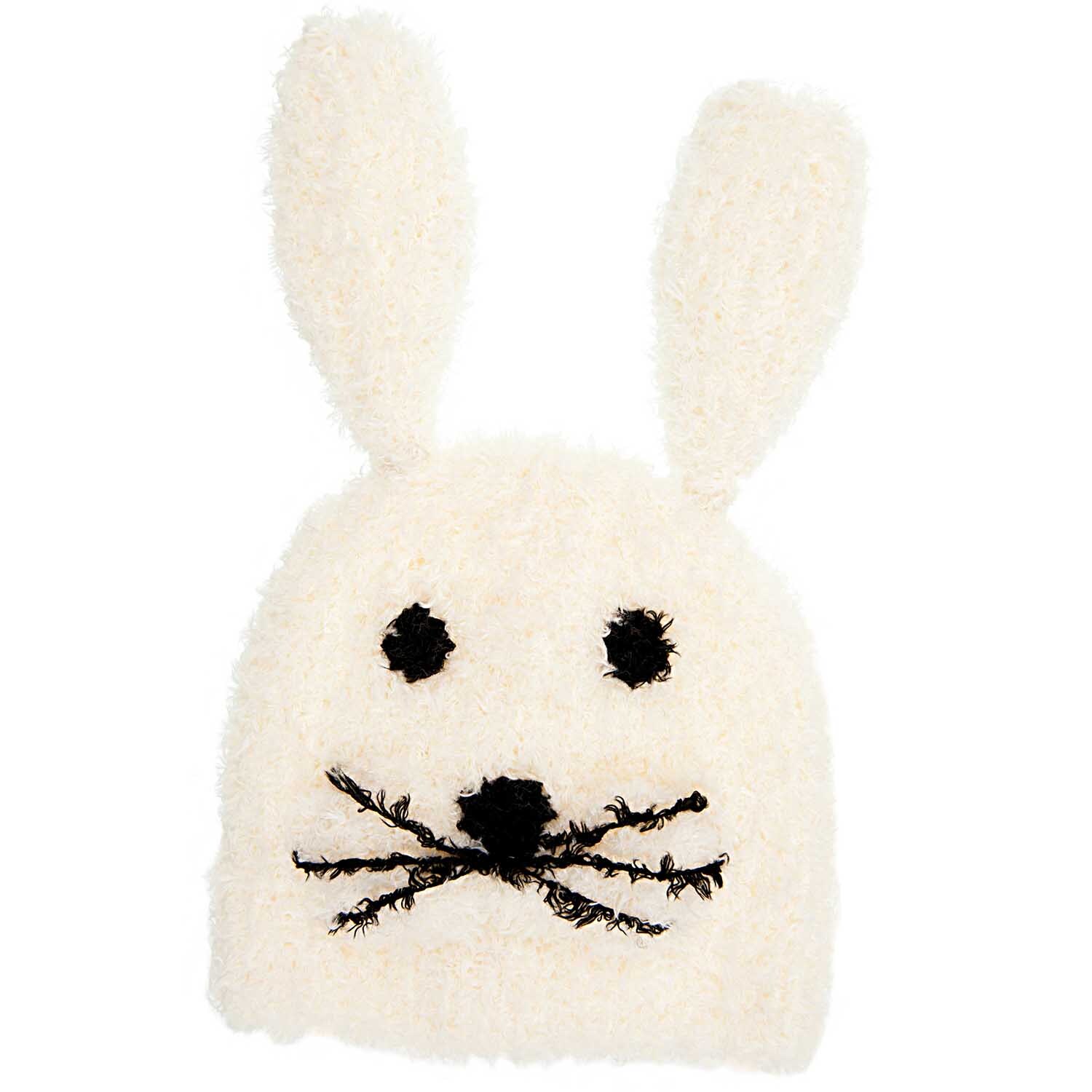 Strickset Mütze Hase creme von Rico Design zeigt eine cremefarbene Mütze mit Hasenohren und Gesicht.