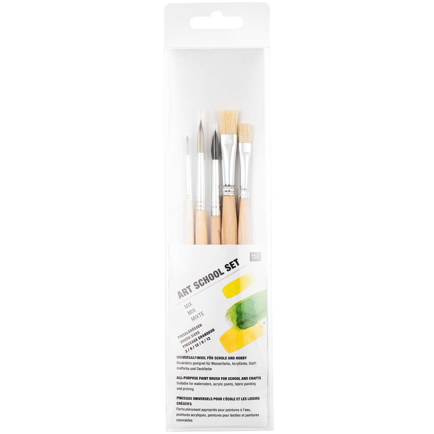 Pinsel Art School Set, 5-teilig, von Rico Design. Enthält verschiedene Pinsel in einer transparenten Verpackung. Ideal für kreative Projekte.