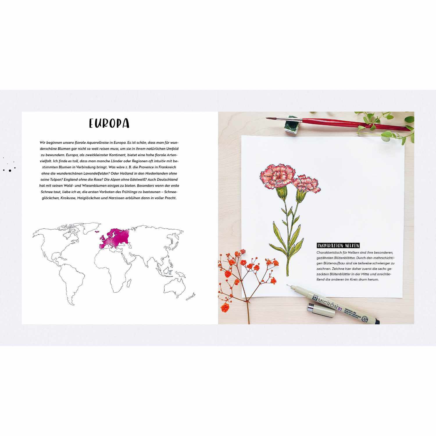 Watercolor - Florale Motive Around The World: Illustration von Blumen mit Karte von Europa, EMF.